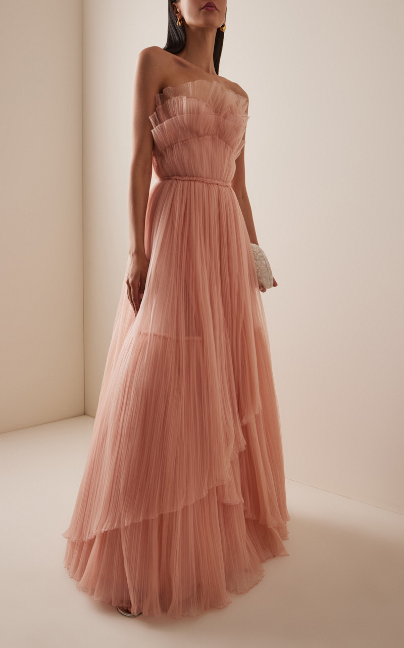 COSTARELLOS Marinel Plissé Tulle Gown pink outlook
