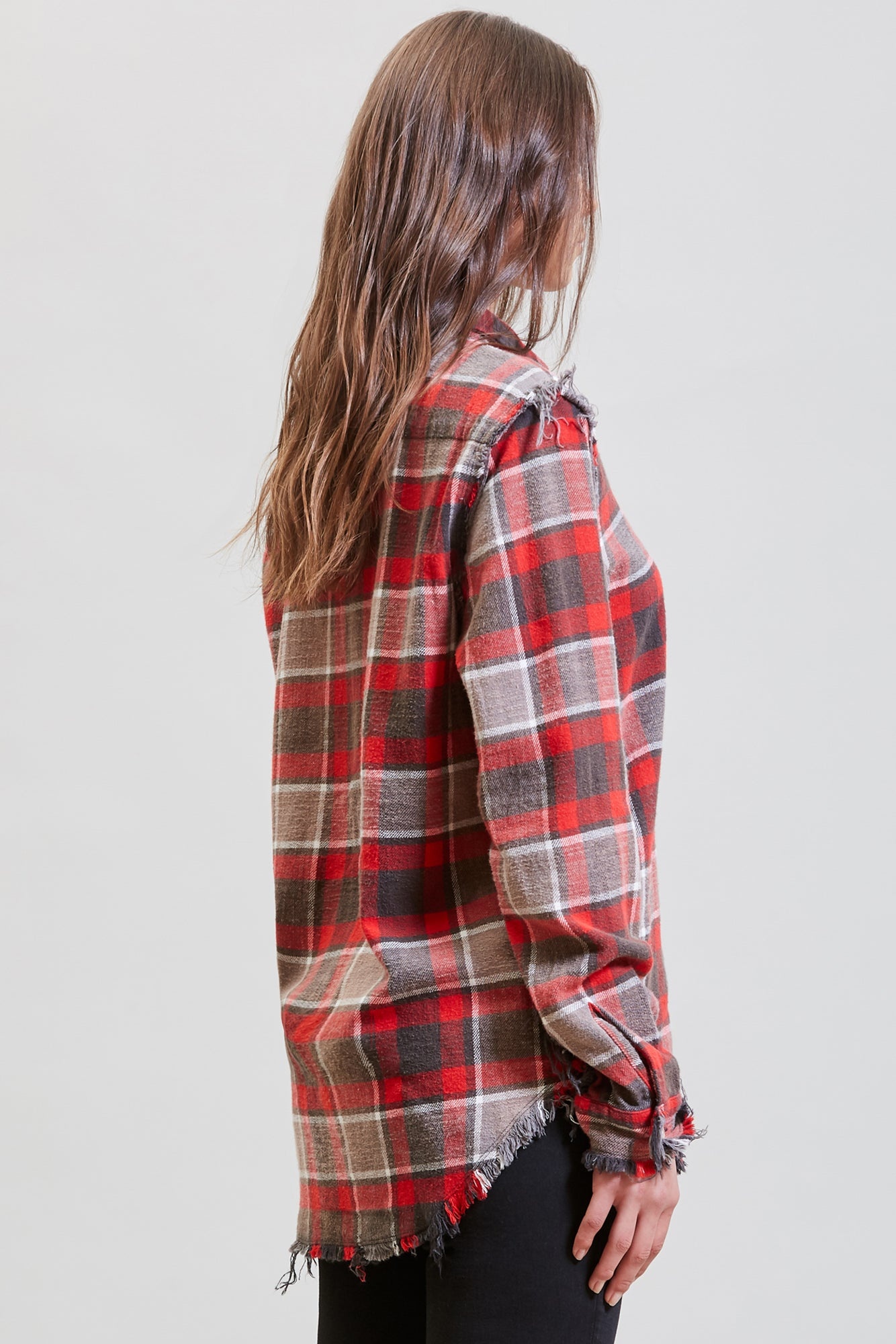 SHREDDED SEAM SHIRT - RED AND GREY PLAID | R13 - 5