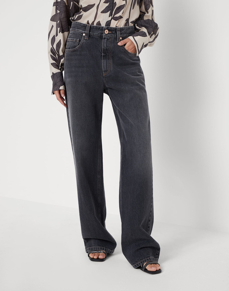 Authentic denim loose trousers with shiny tab 1