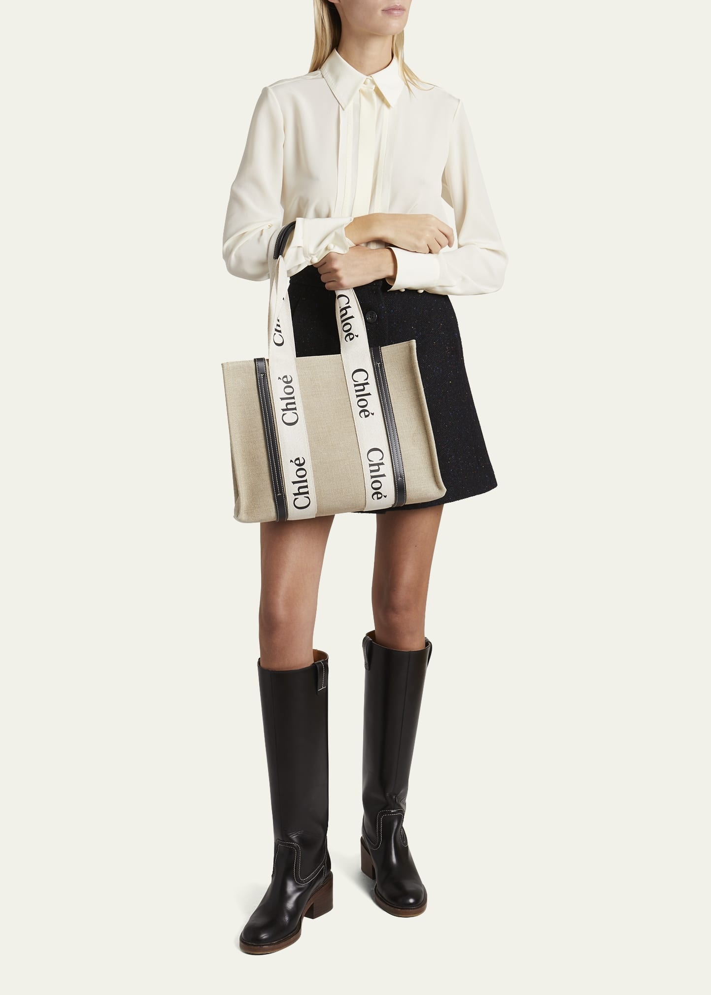 Woody Medium Linen Leather Tote Bag - 5