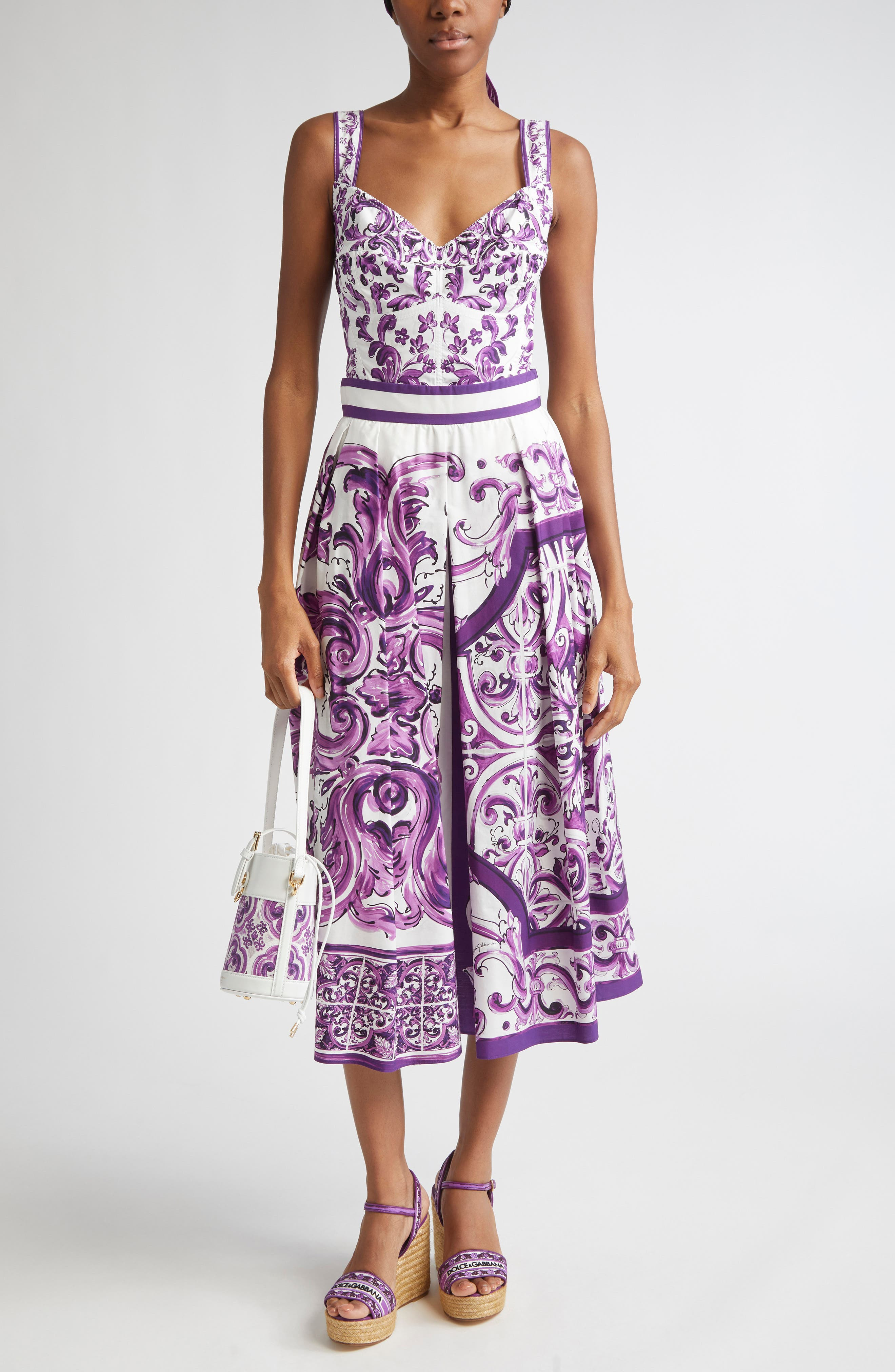 Dolce&Gabbana Majolica Print Cotton Poplin A-Line Midi Skirt in Hp5Dq Mix Maiolica L Viola at Nordst - 2