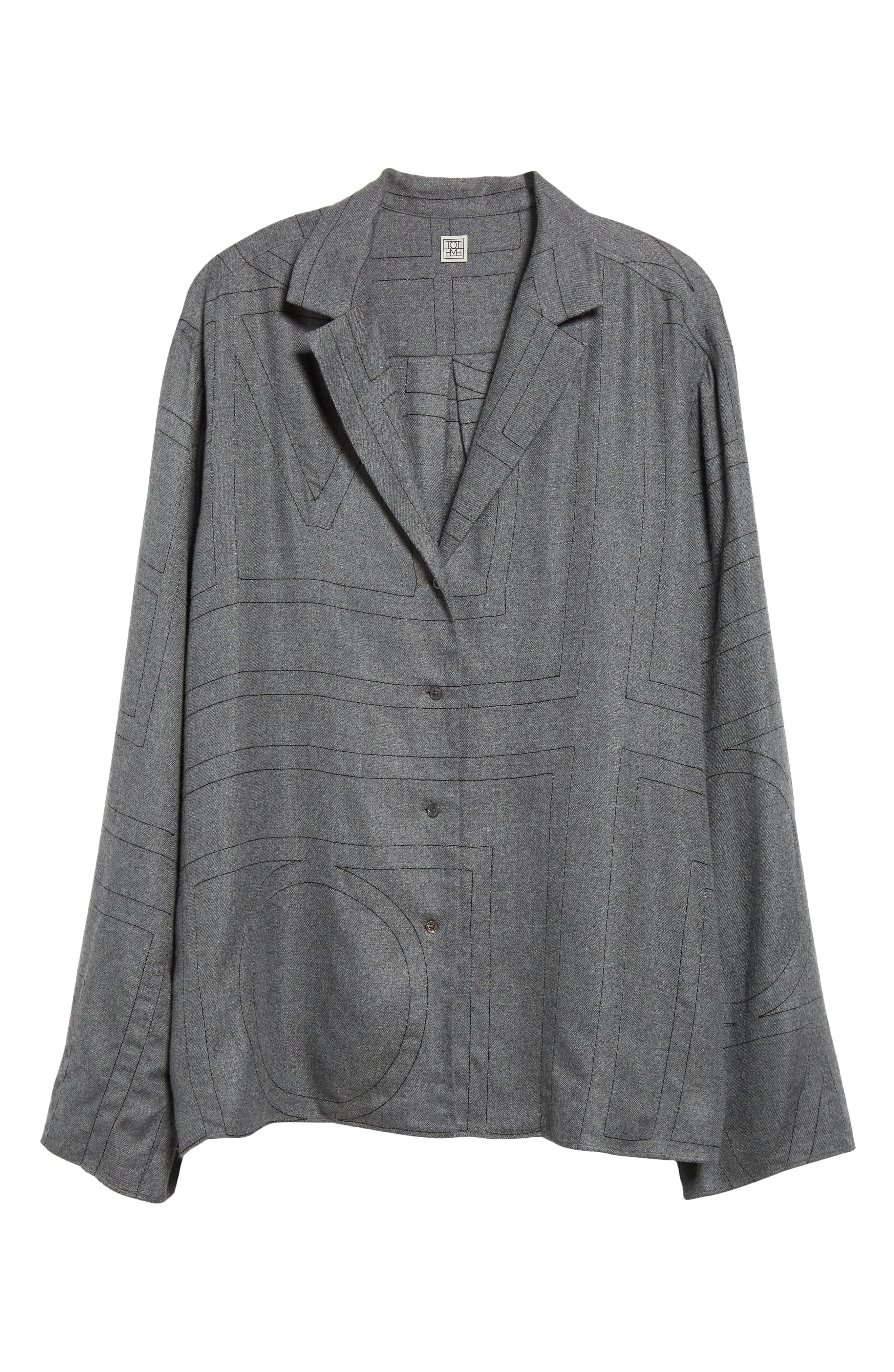 TOTEME Monogram Embroidered Flannel Pajama Top in Smoke Melange at Nordstrom - 6