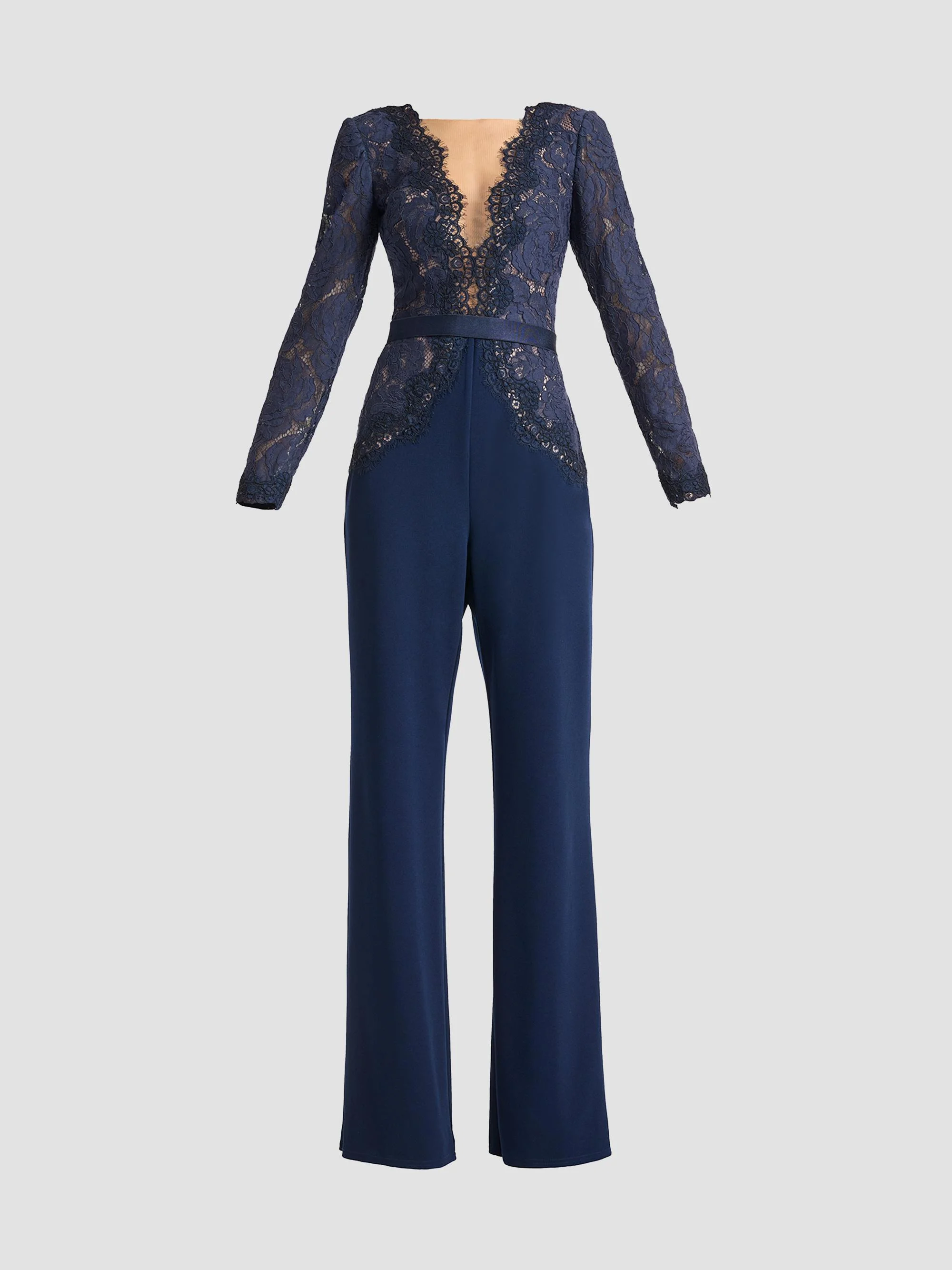 Women's Lace Bodice Crepe Jumpsuit - Navy Beige - 1