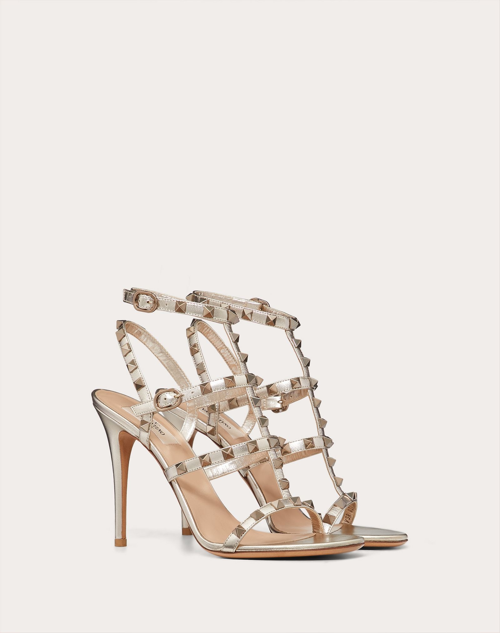 Rockstud Metallic Calfskin Leather Ankle Strap Sandal 100 mm - 2