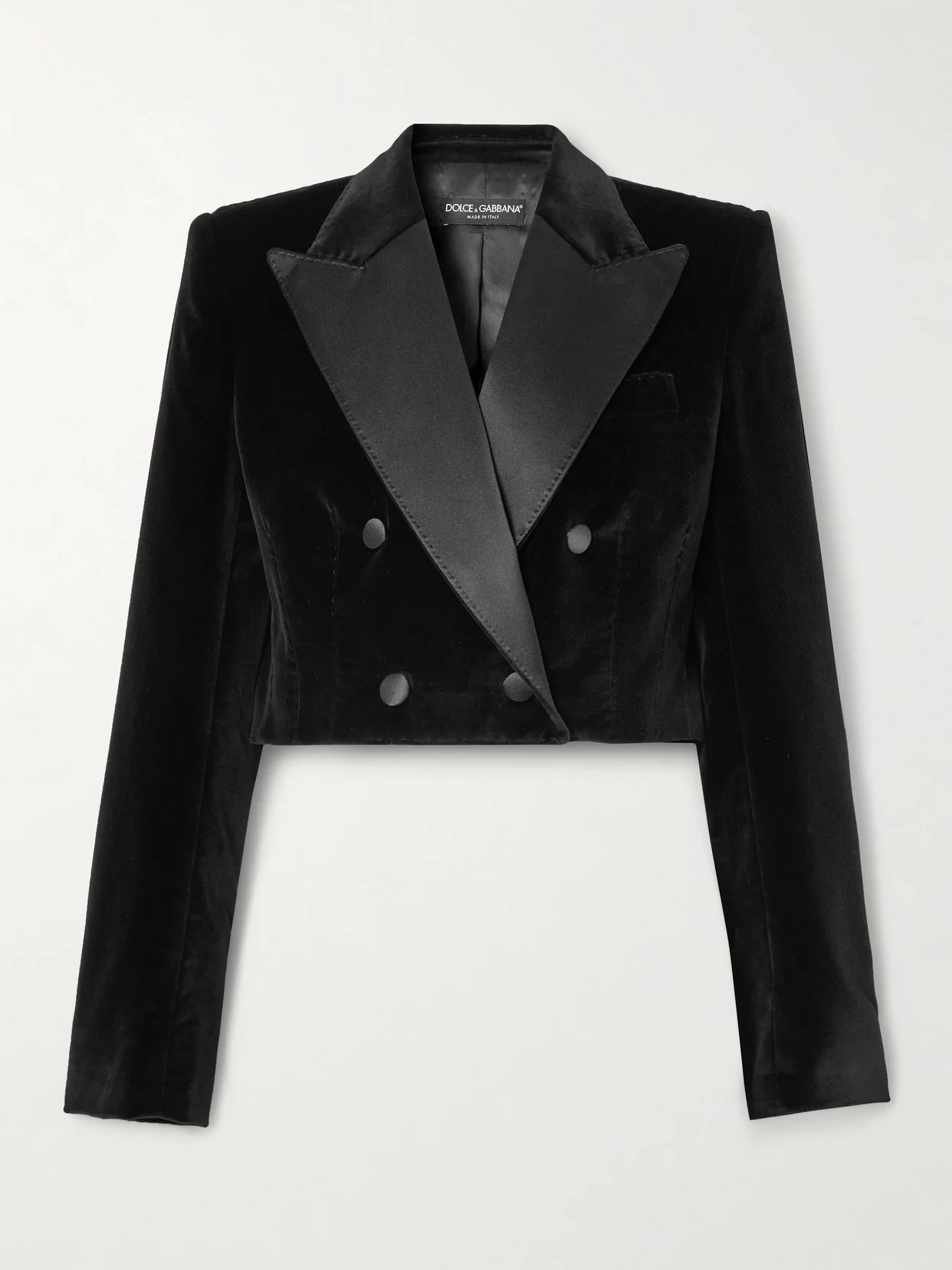 Cropped Double-breasted Satin-trimmed Velvet Blazer - 1