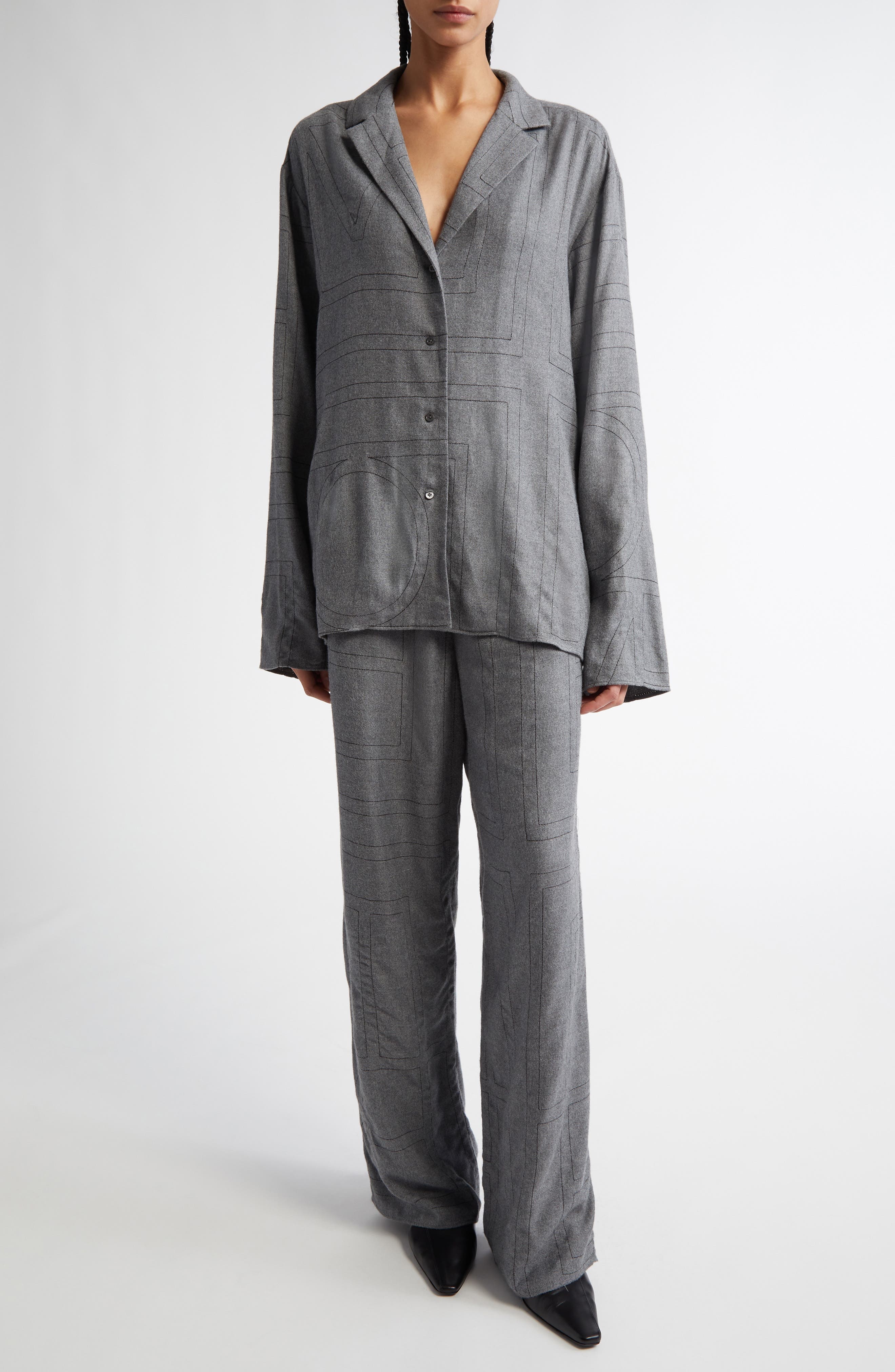 TOTEME Monogram Embroidered Flannel Wide Leg Pants in Smoke Melange at Nordstrom - 2