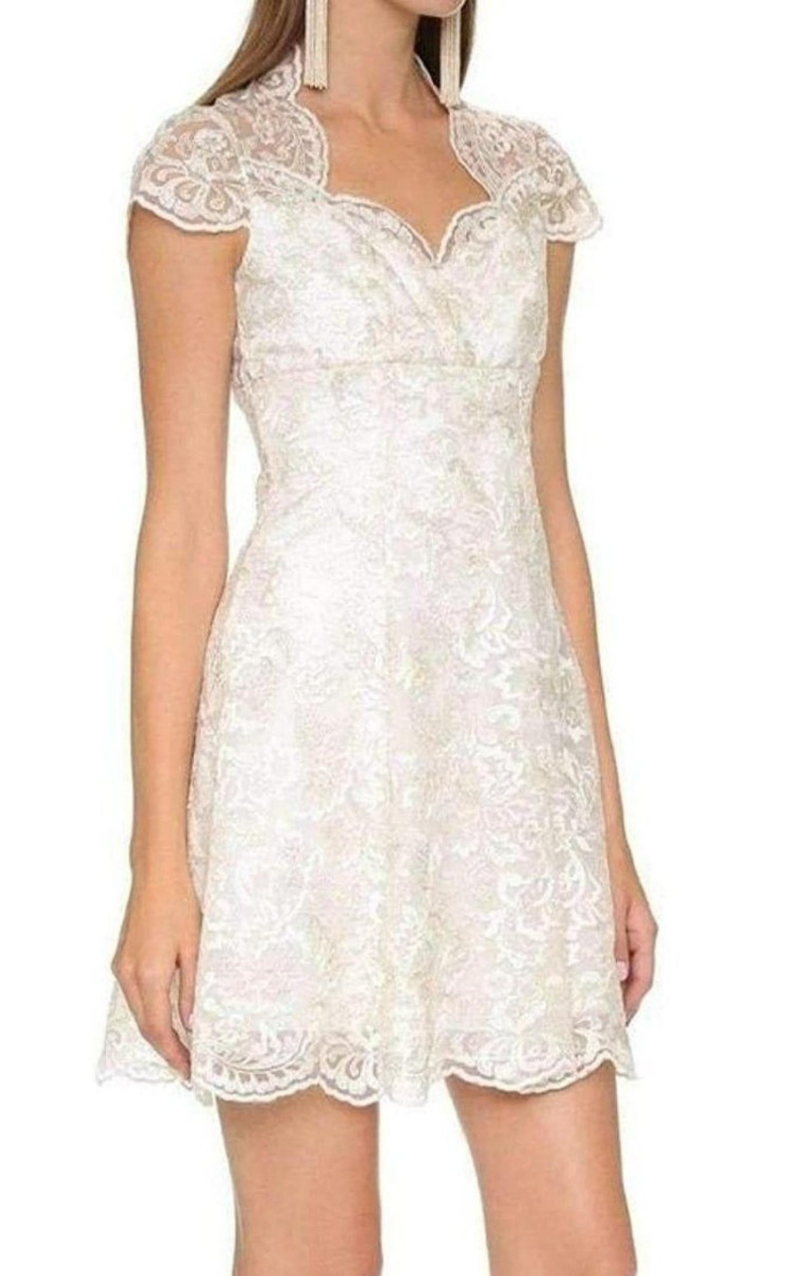 Marchesa Notte - White Metallic Lace Cap Sleeve Dress - 3