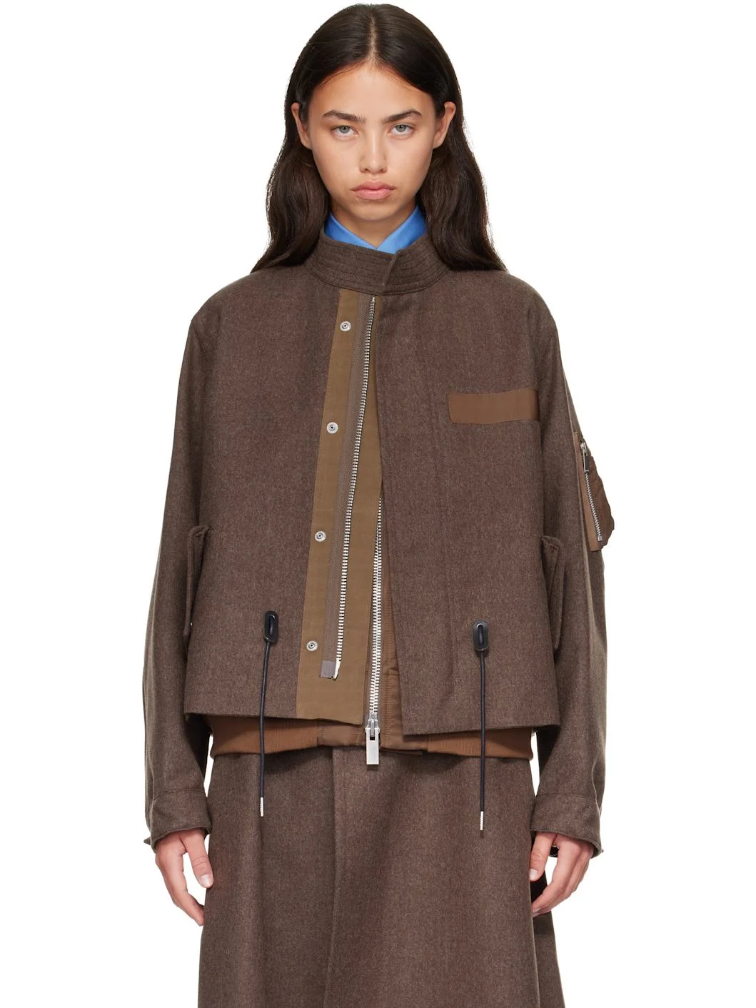 Brown Wool Flannel x Nylon Twill Coat - 1