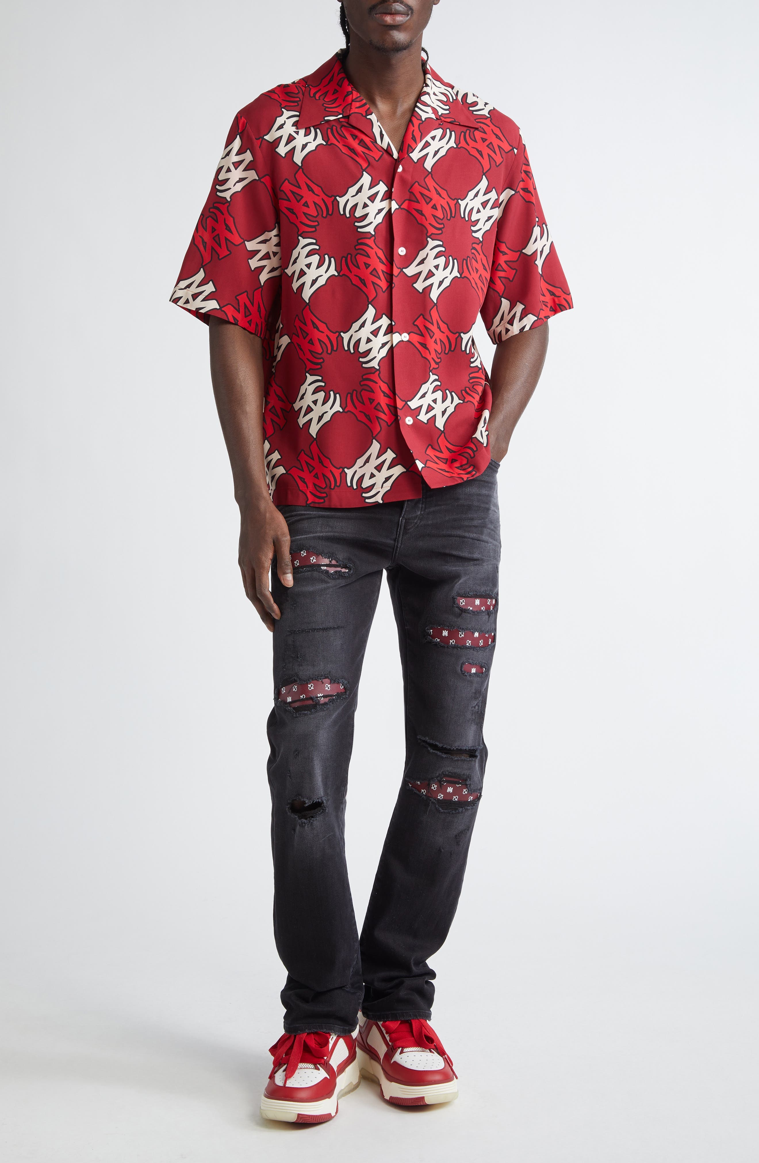 AMIRI Bandana Repaired Slim Fit Jeans in Vintage Black at Nordstrom - 2