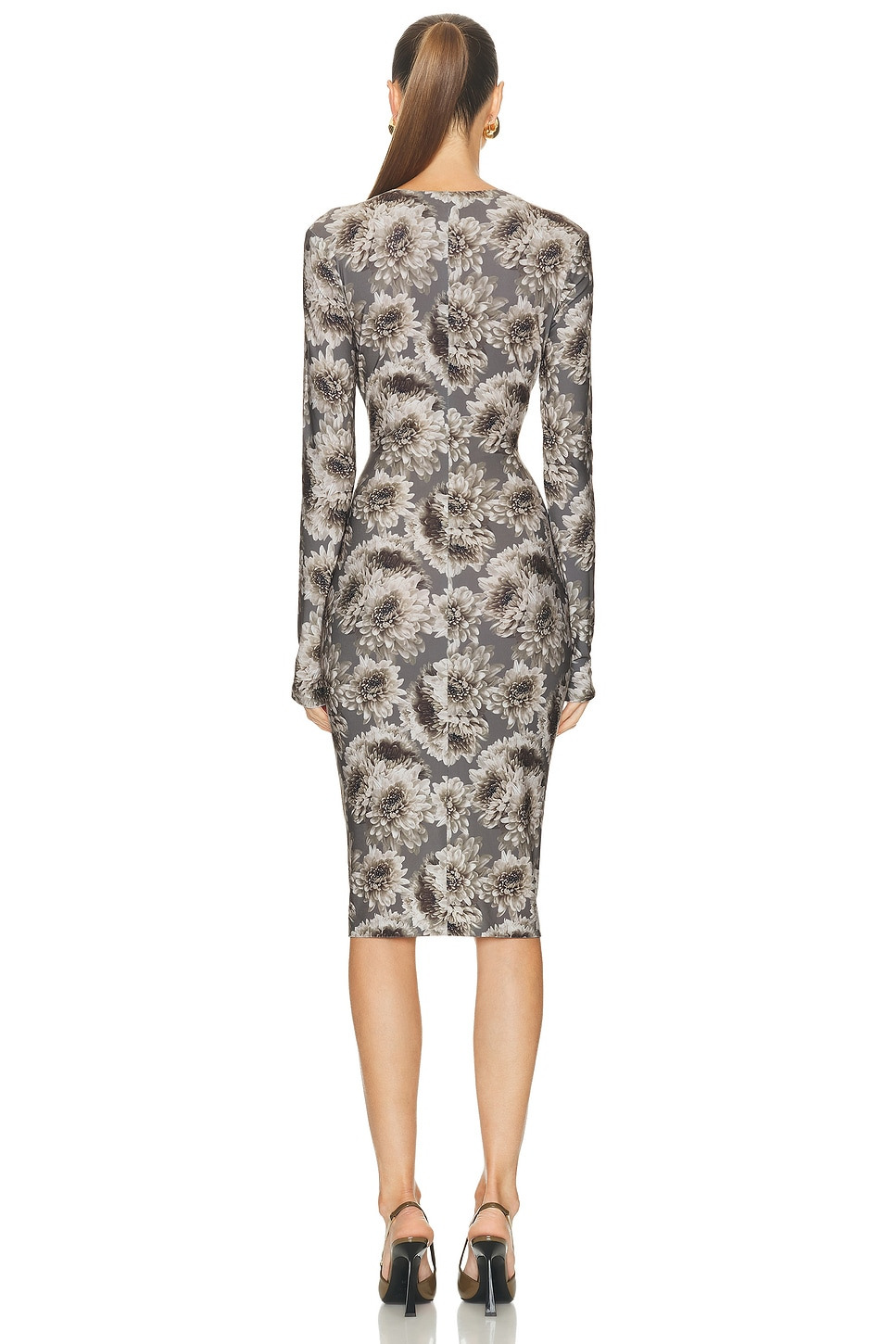 Long Sleeve V Neck Shirred Front Dress - 3