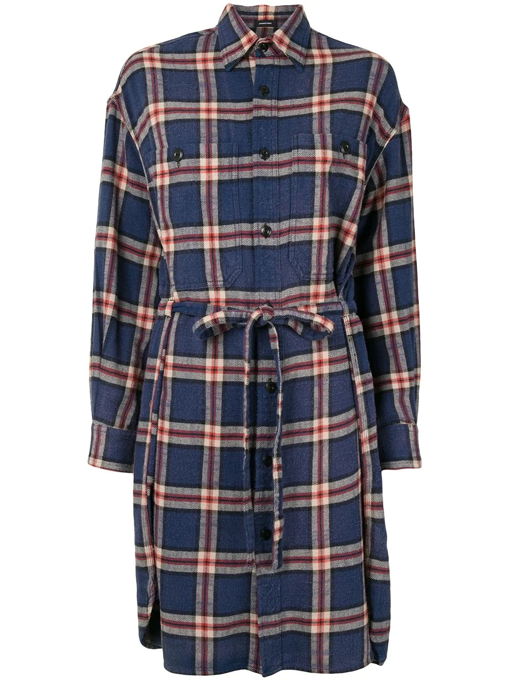 drawstring-waist plaid shirtdress  - 1