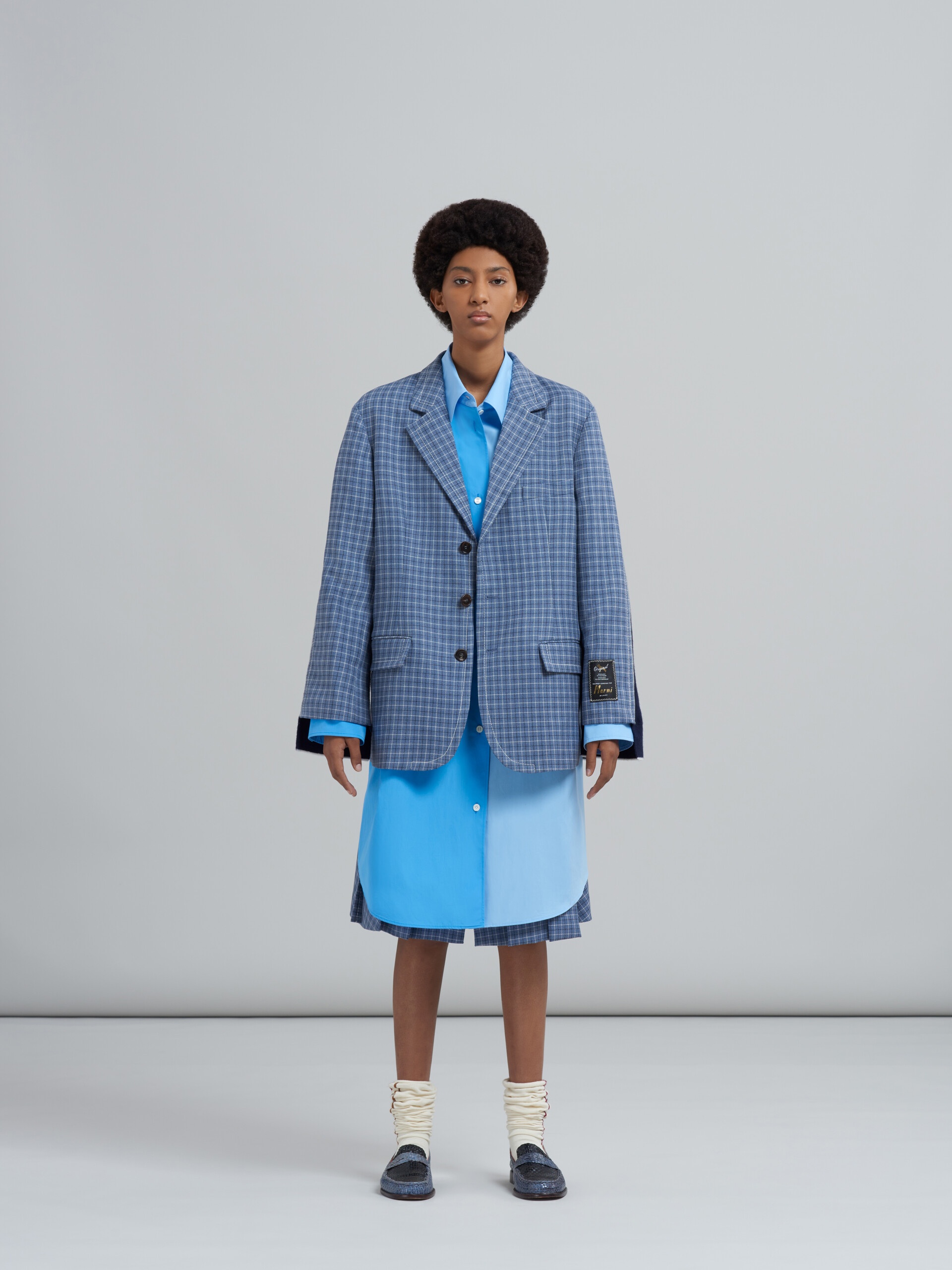 CHECK WOOL TWILL BLAZER JACKET WITH KNIT INSERTS - 2