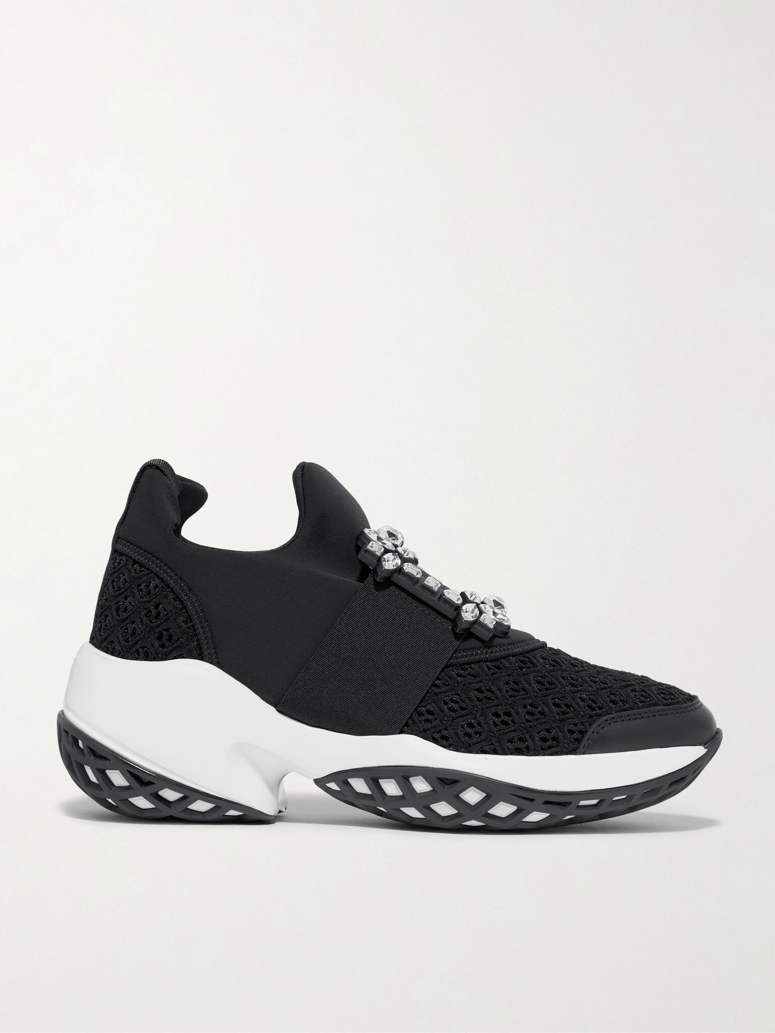 Viv Run crystal-embellished stretch, mesh and leather sneakers Black - 1