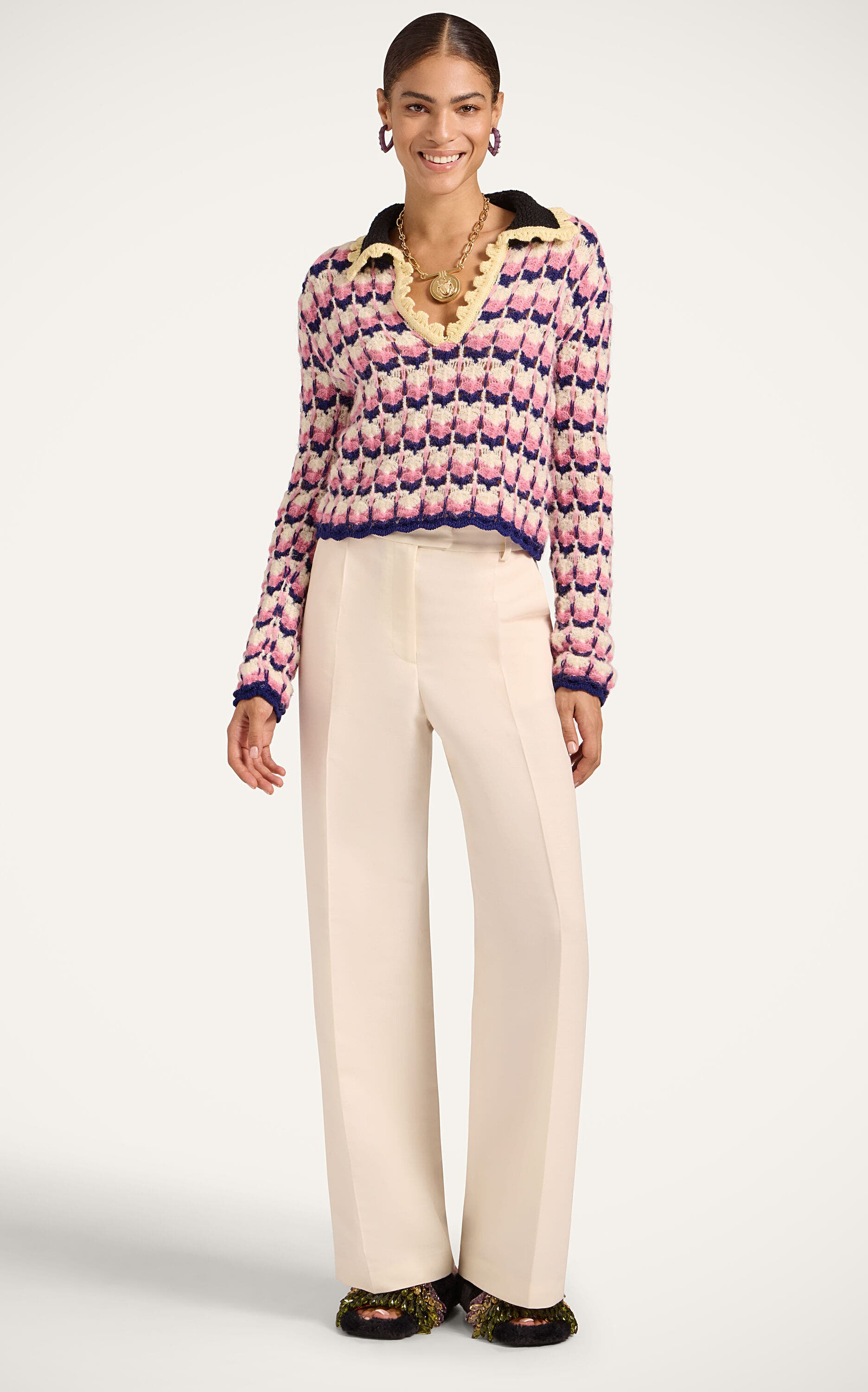 La DoubleJ Long Sleeves Picket Polo Shirt in Multicolor Pink at Nordstrom - 1