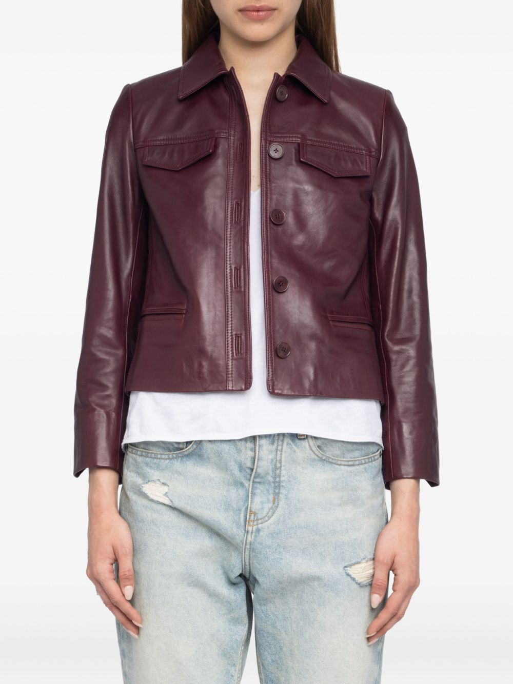 button-fastening flap-pocket leather jacket - 4
