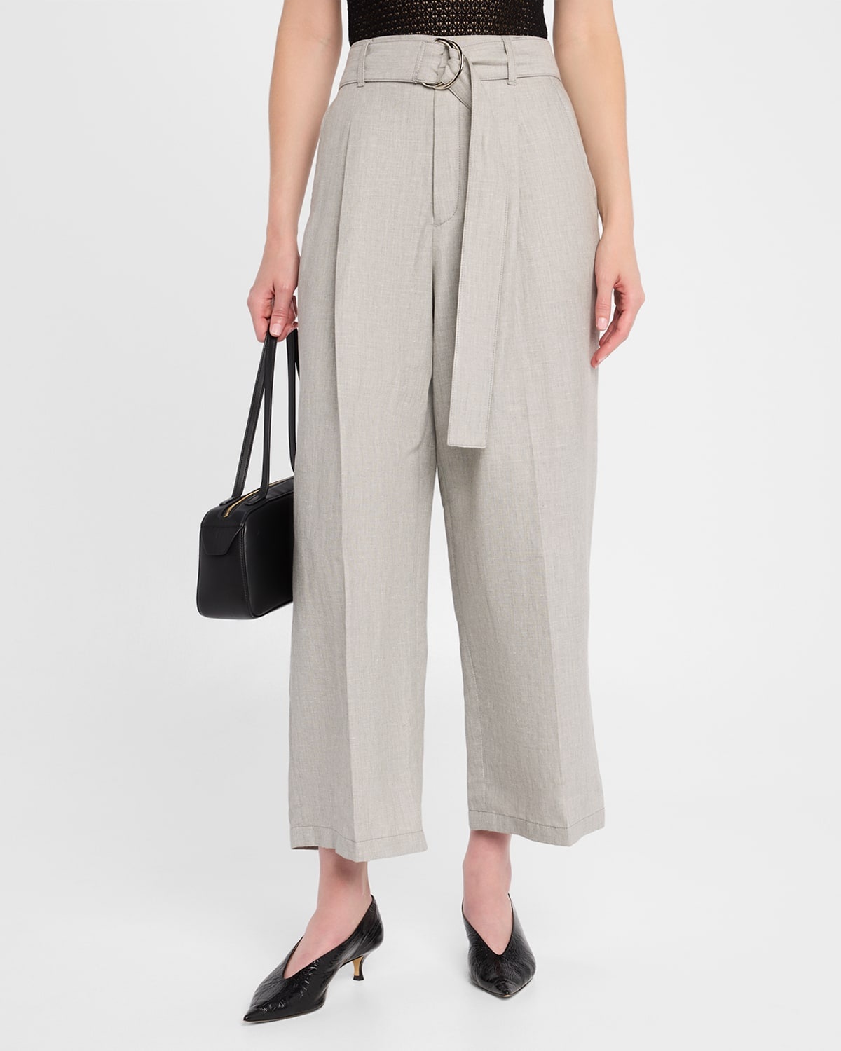 Chambray Belted Wide-Leg Cropped Pants - 4