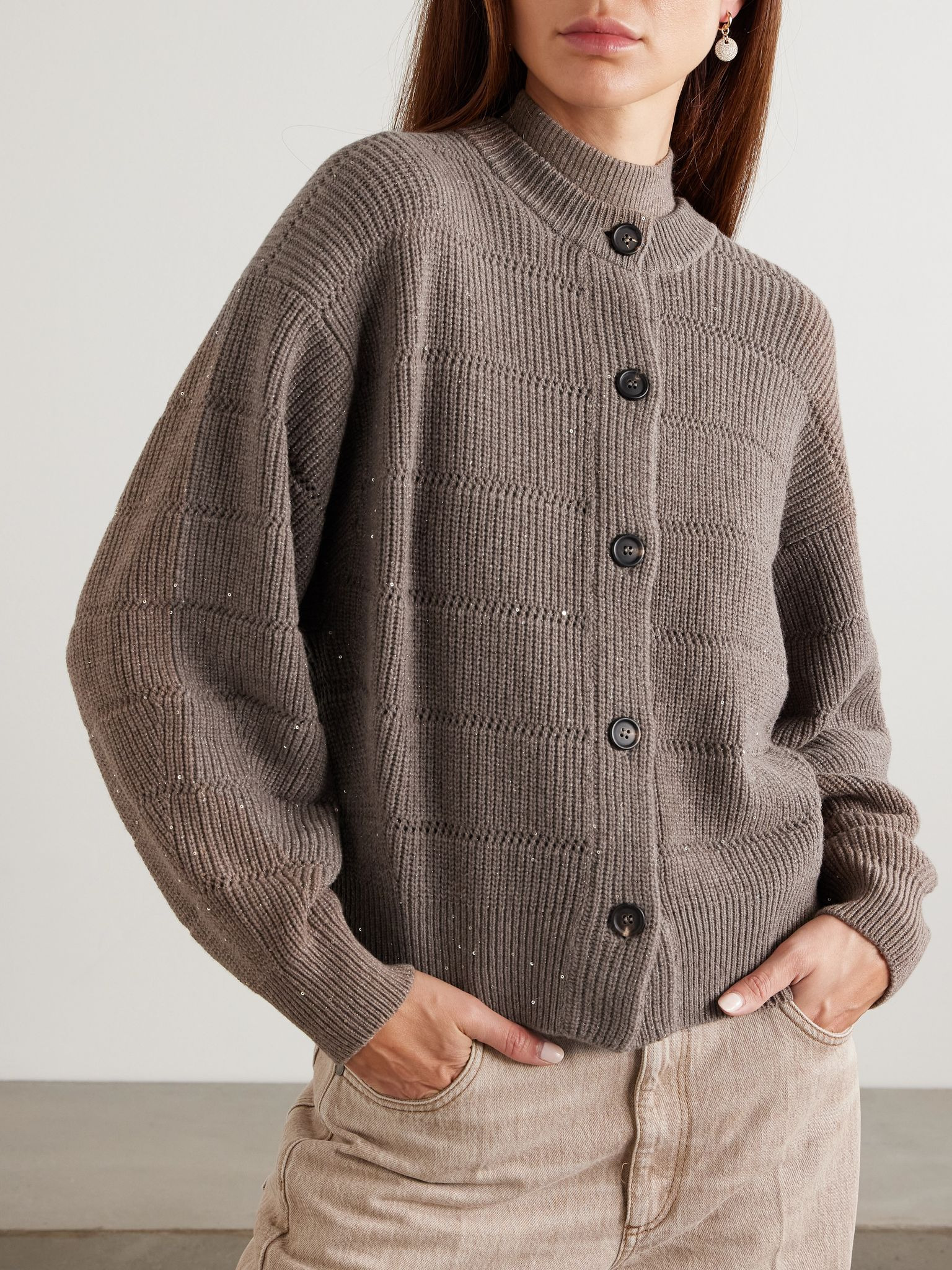Sequined pointelle-knit cardigan Brown - 3