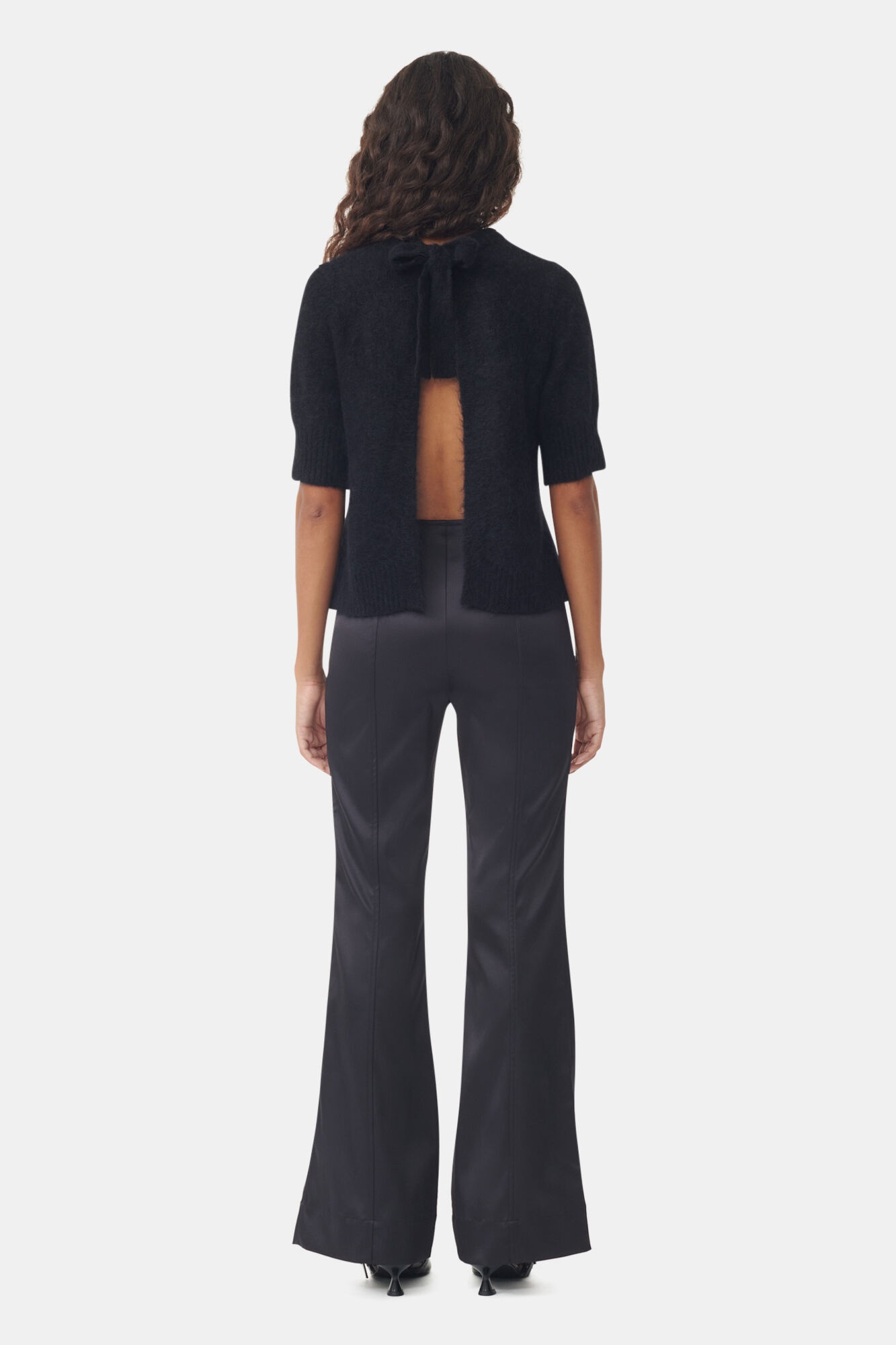 BLACK DOUBLE SATIN FLARED PANTS - 4