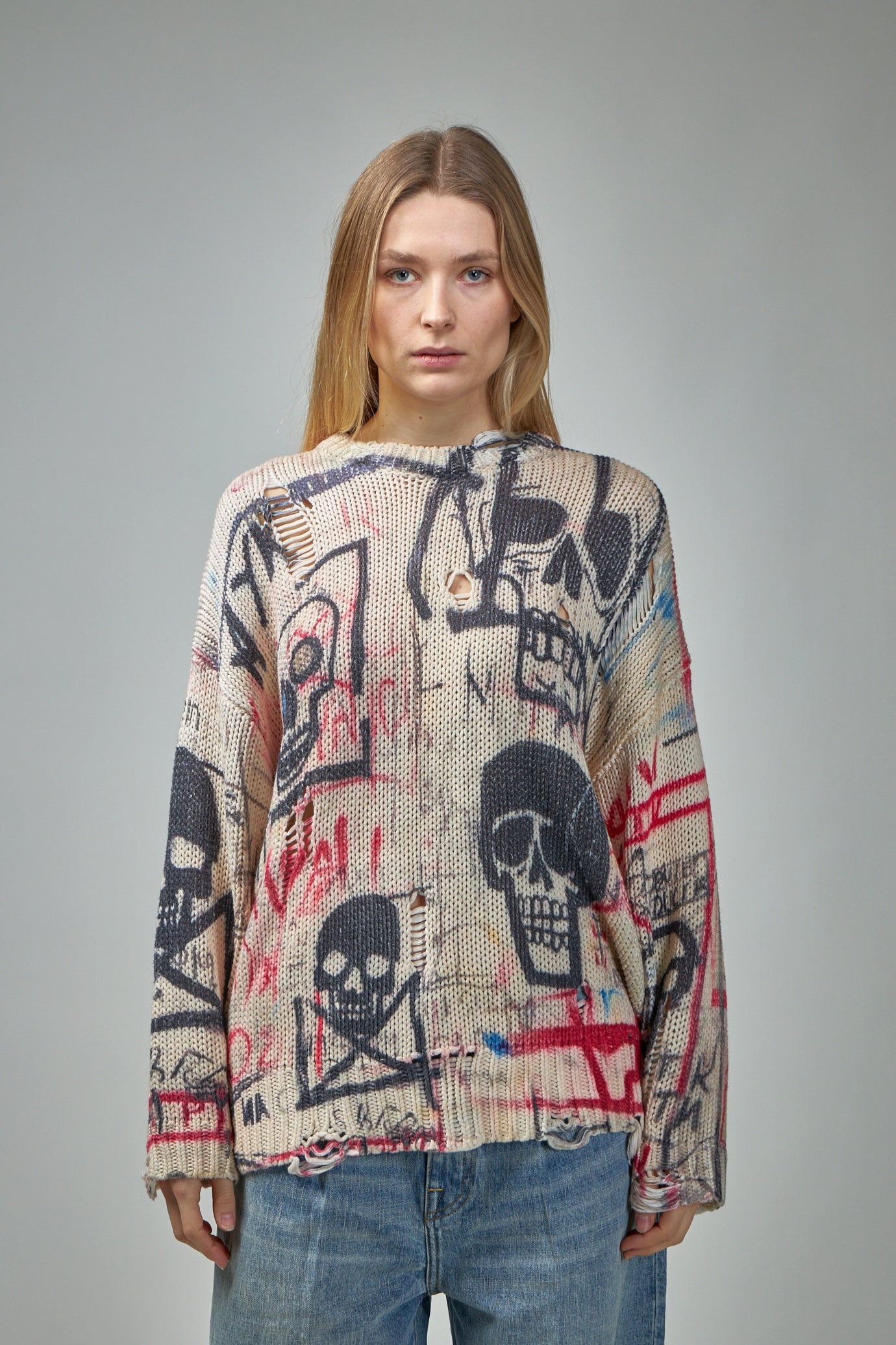 Printed Oversized Sweater Skull Graffiti Print - 1