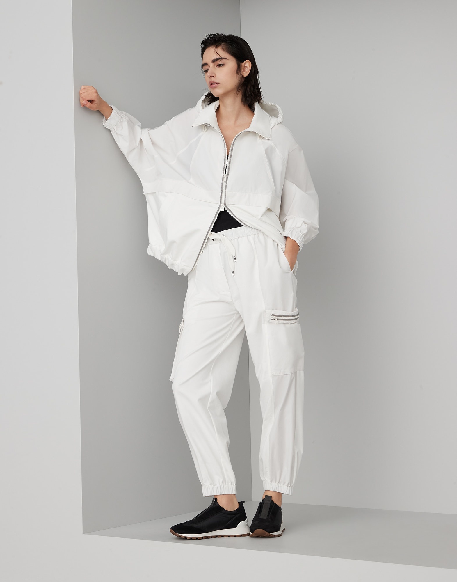 Panelled hooded outerwear jacket in taffeta and French terry with shiny trims - 5