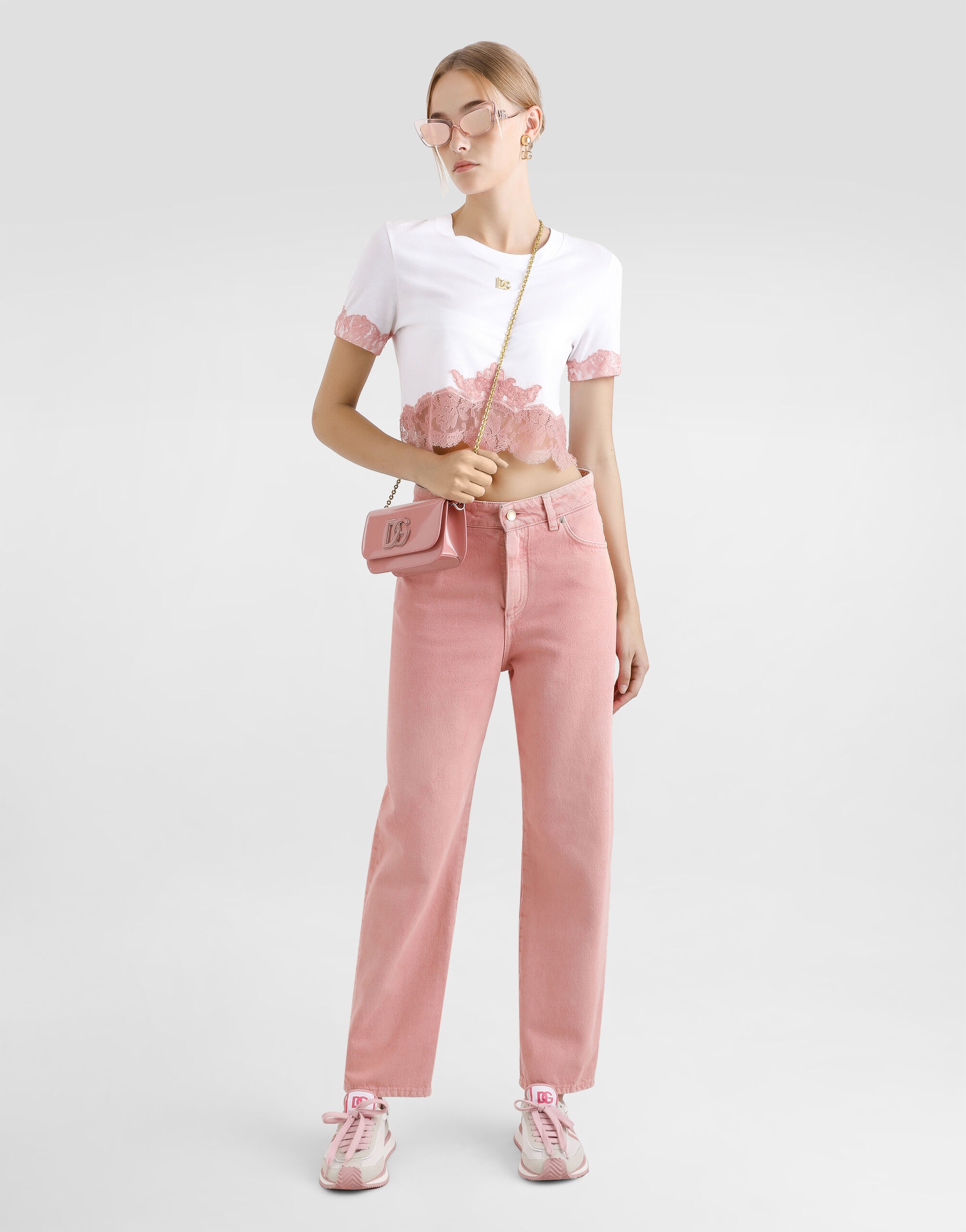 Cropped jersey T-shirt with DG logo and lace inserts - 2