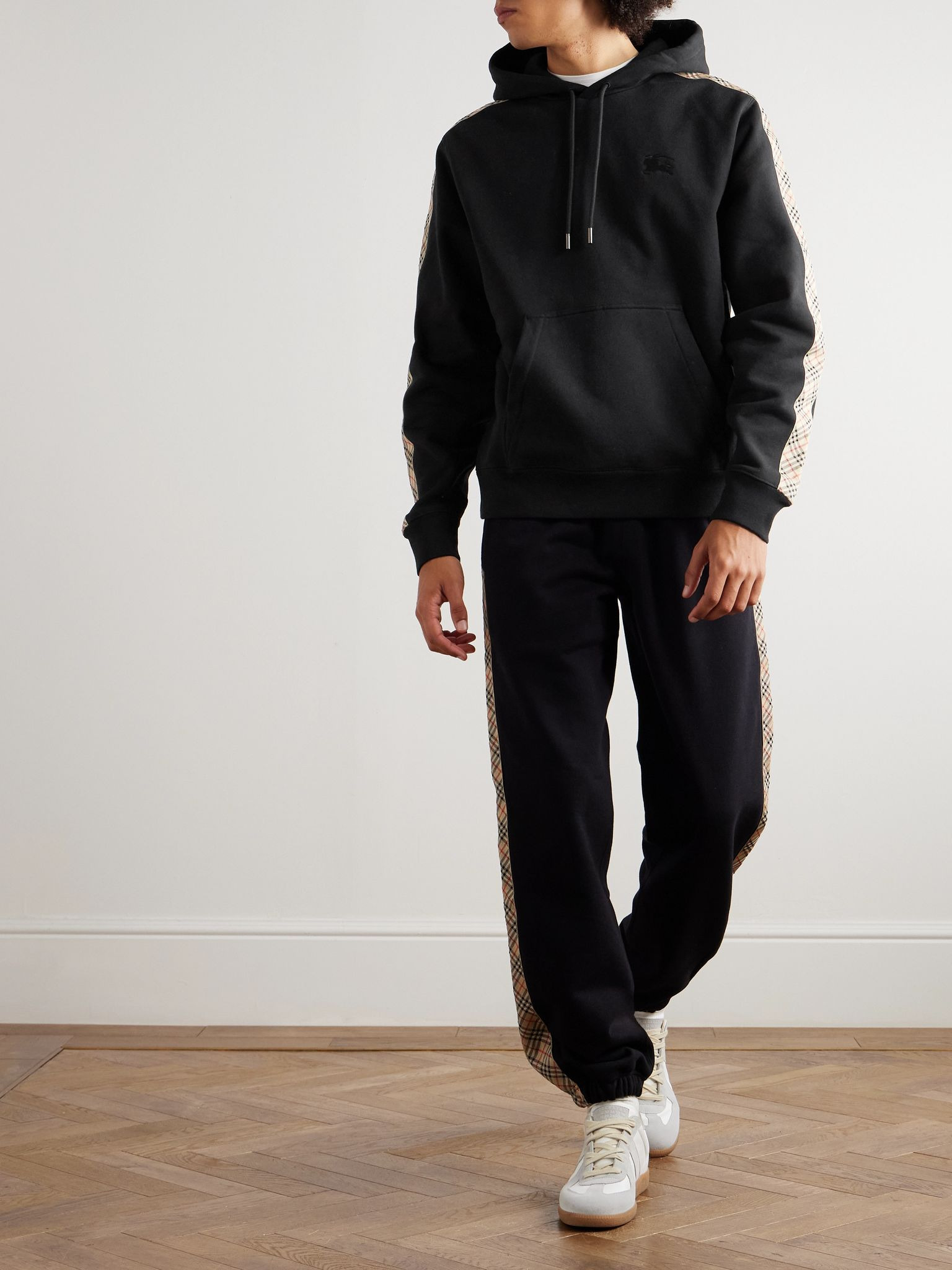 Checked Logo-Embroidered Cotton-Jersey Hoodie Black - 2