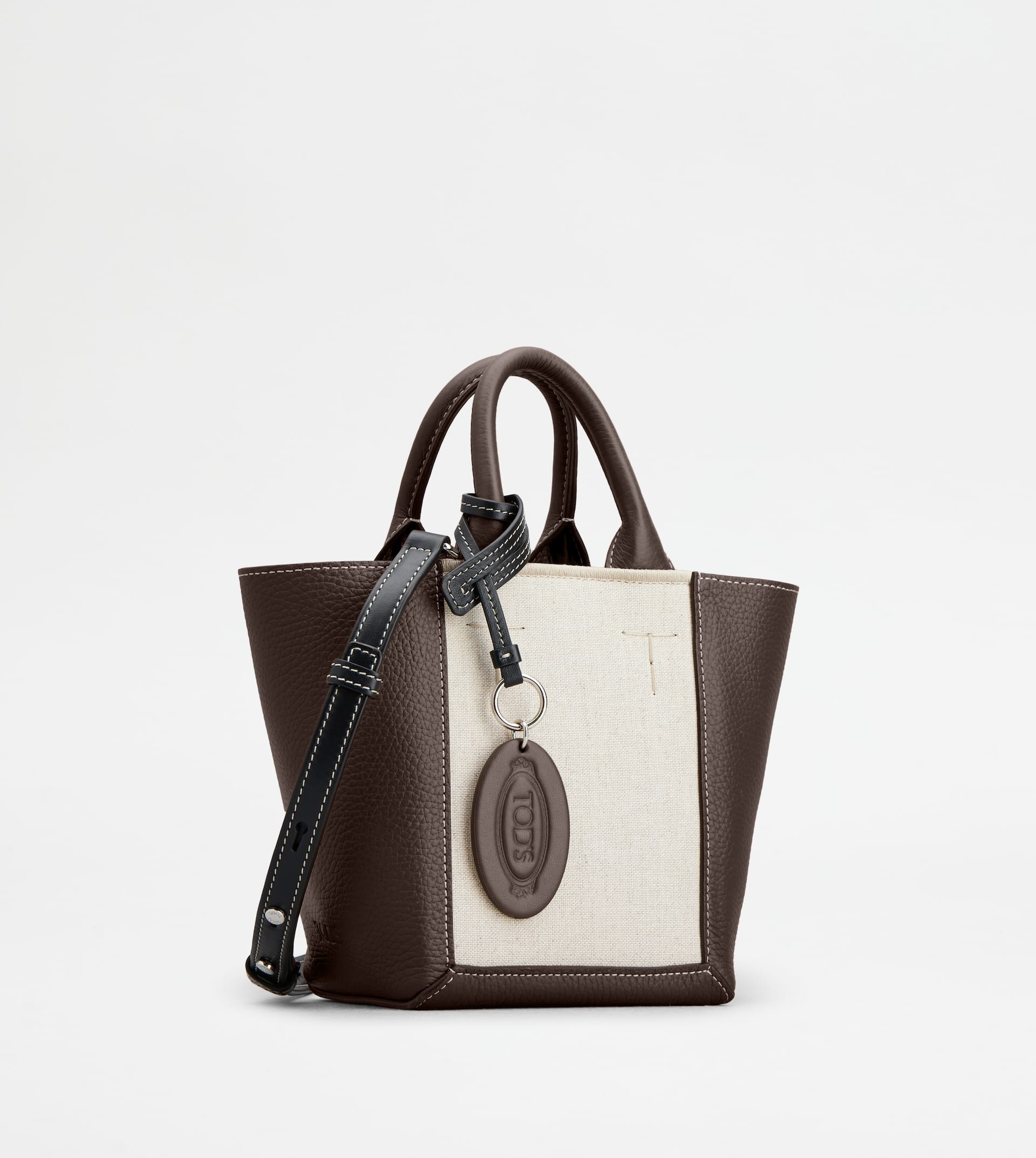 TOD'S DOUBLE UP SHOPPING BAG IN LEATHER AND CANVAS MINI - BROWN, OFF WHITE - 3