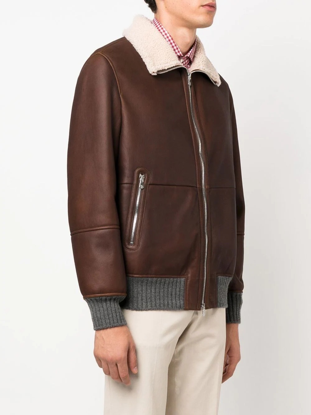 sheepskin-collar zip-up leather jacket - 3