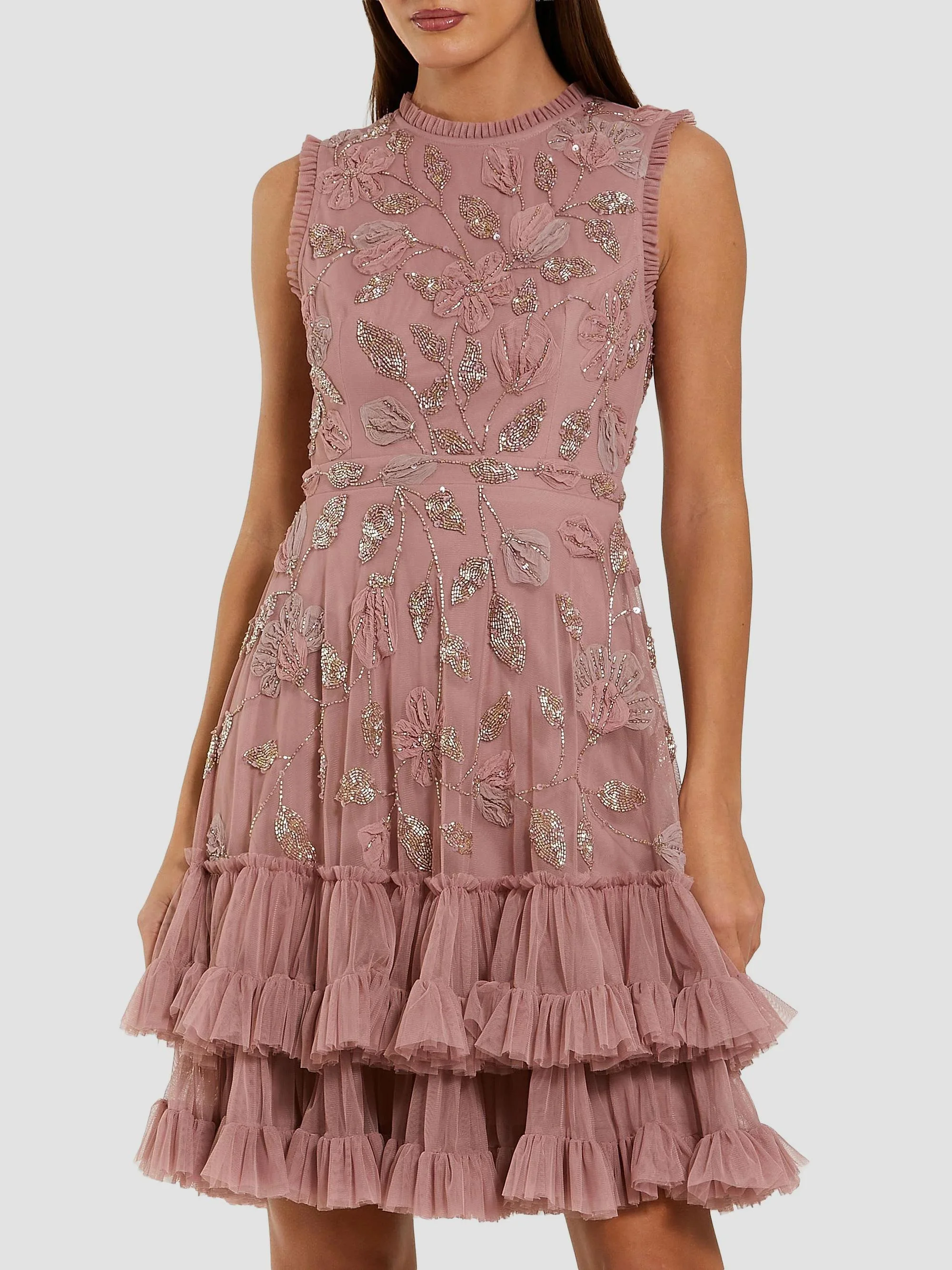Women's Ruffled Floral Embroidered Minidress - Antique Rose - 1