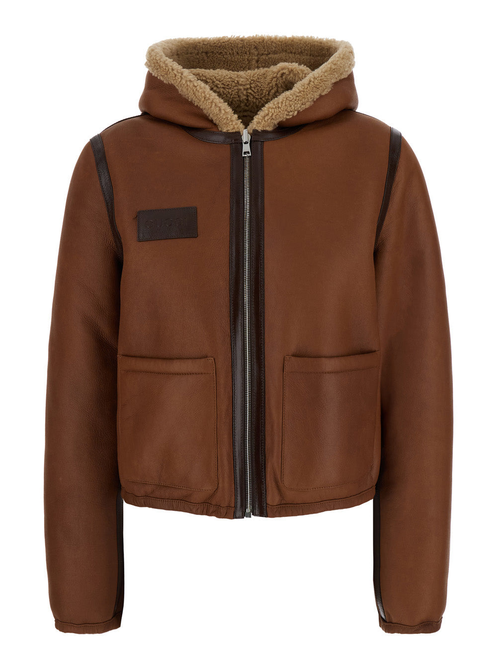 Gucci Women Beige Reversible Shearling Jacket With Hood And Logo Patch On The Front In Leather And F - 4