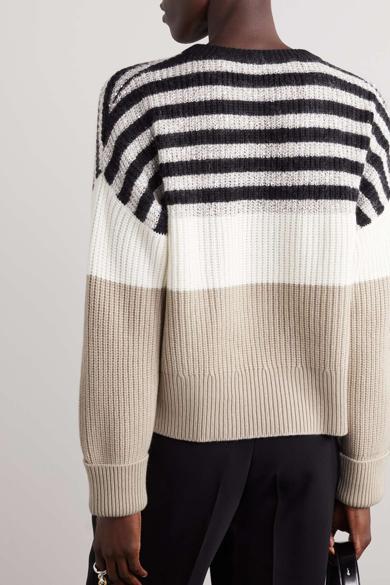 Striped sequin-embellished wool, cashmere and silk-blend sweater - 3