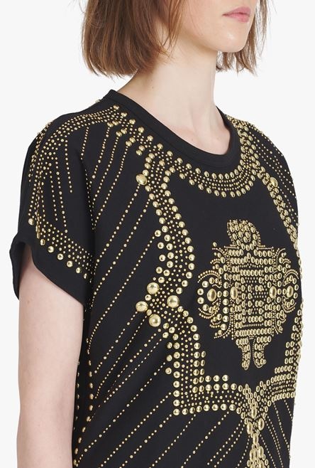 Cropped black eco-designed cotton T-shirt with embroidered gold-tone studs - 6