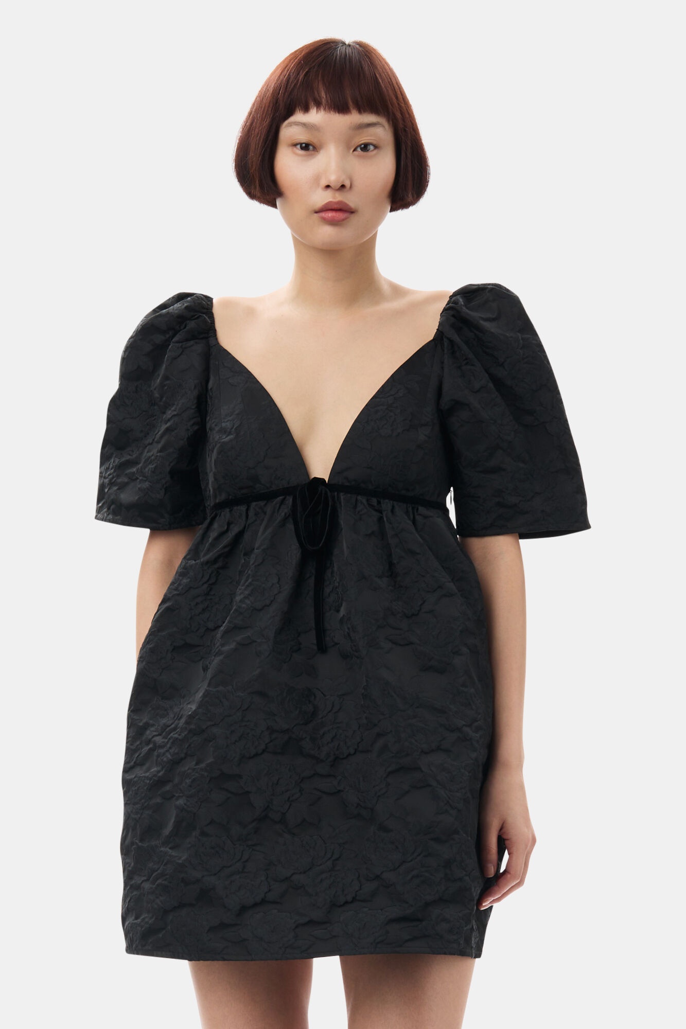 knee length dresses for ladies Ganni BLACK BOTANICAL JACQUARD OPEN-BACK MINI DRESS main image 1
