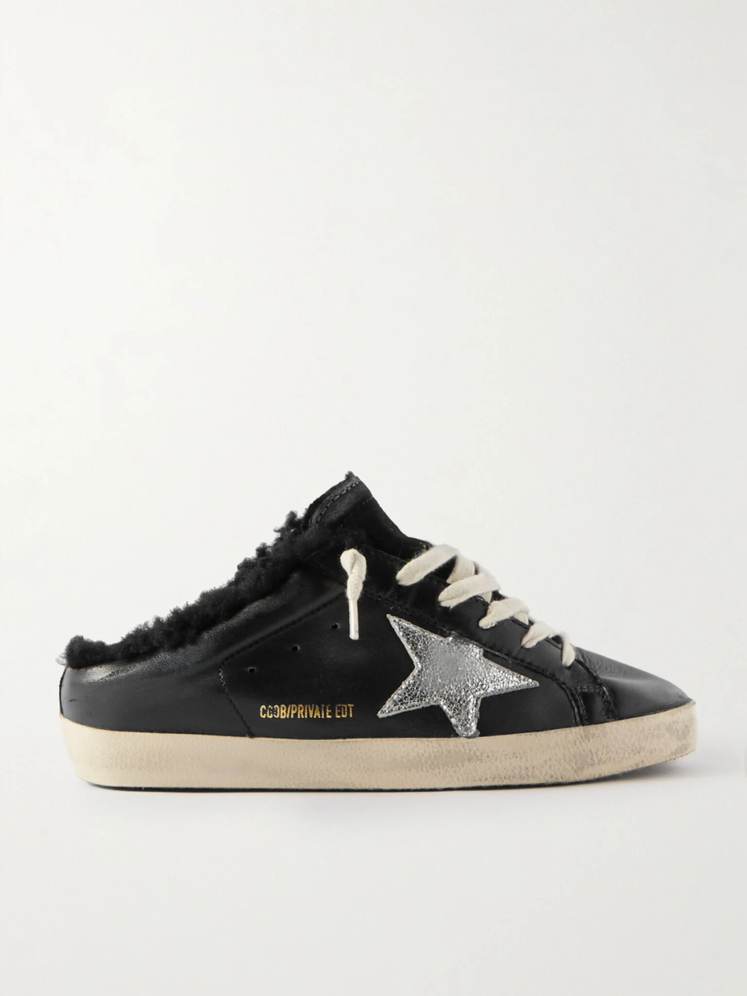 Super-Star Sabot distressed shearling-lined leather slip-on sneakers Black - 1