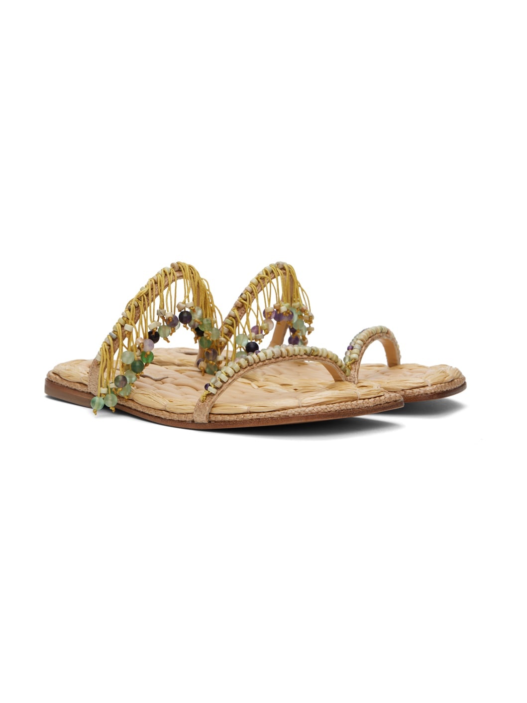 Beige Embellished Raffia Sandals - 4