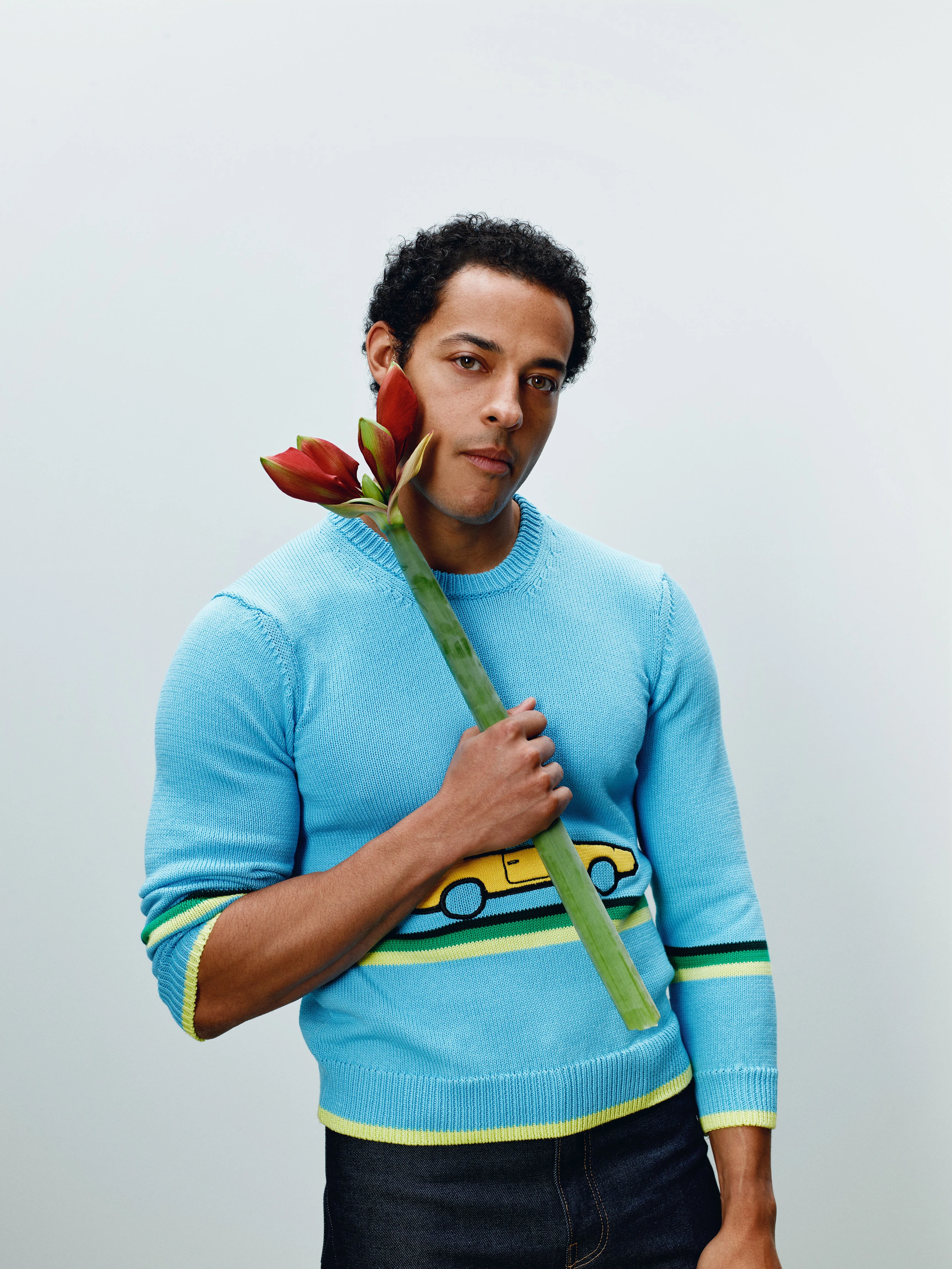 MENS CROCHETED CAR JUMPER IN SKY BLUE - 1