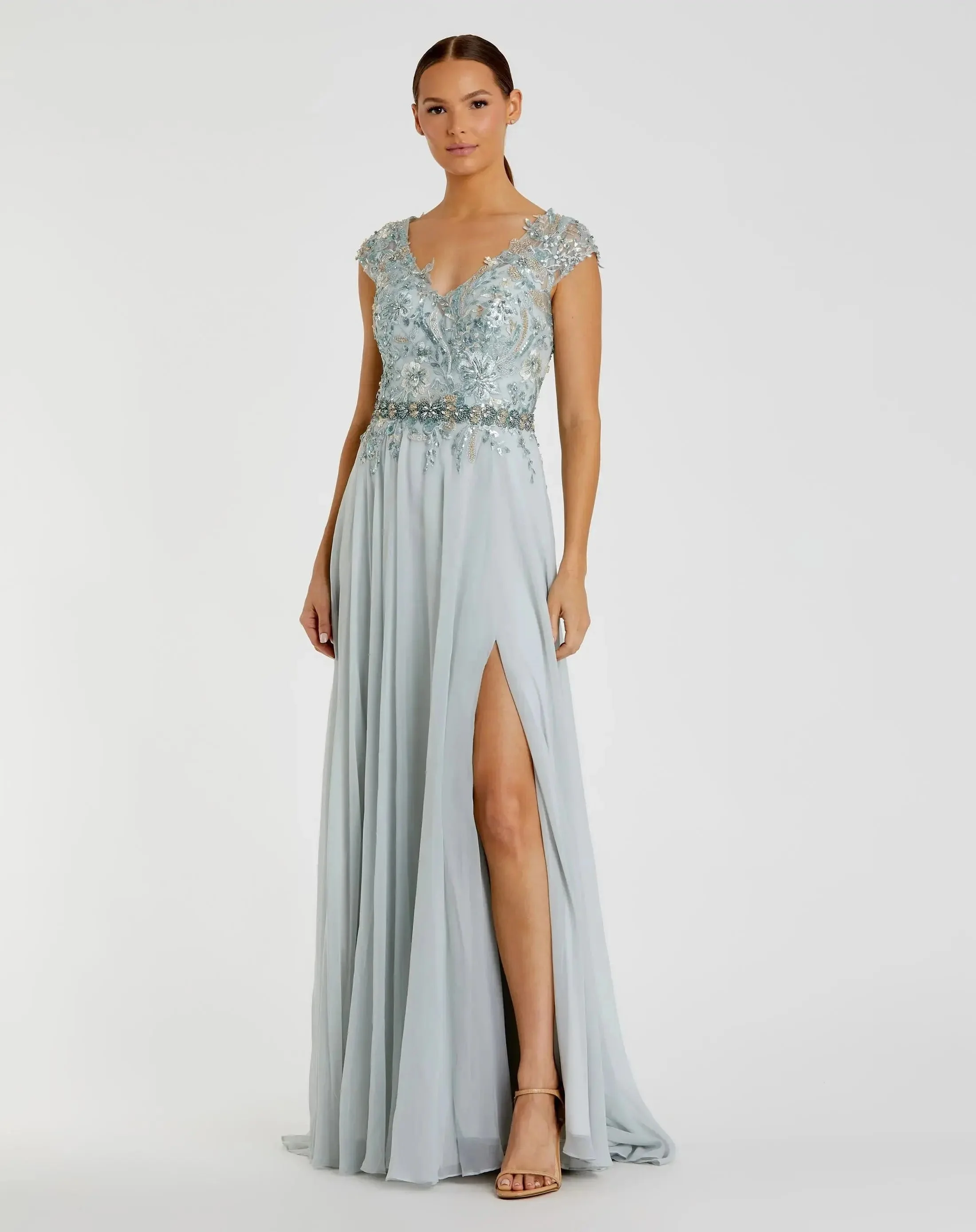 Blue Embellished Chiffon Cap Sleeve A-Line Gown - 1