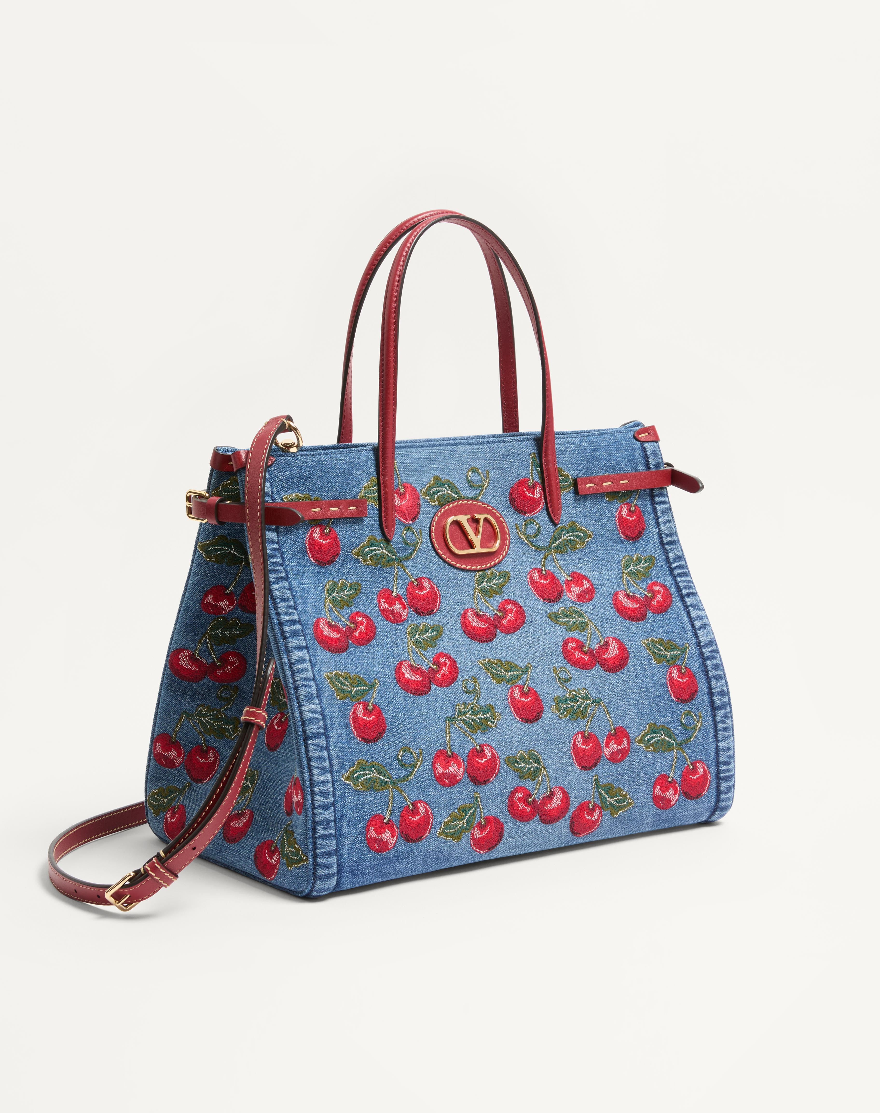 VALENTINO GARAVANI ANTIBES MEDIUM SHOPPING BAG IN DENIM WITH CHERRYFIC EMBROIDERY - 2