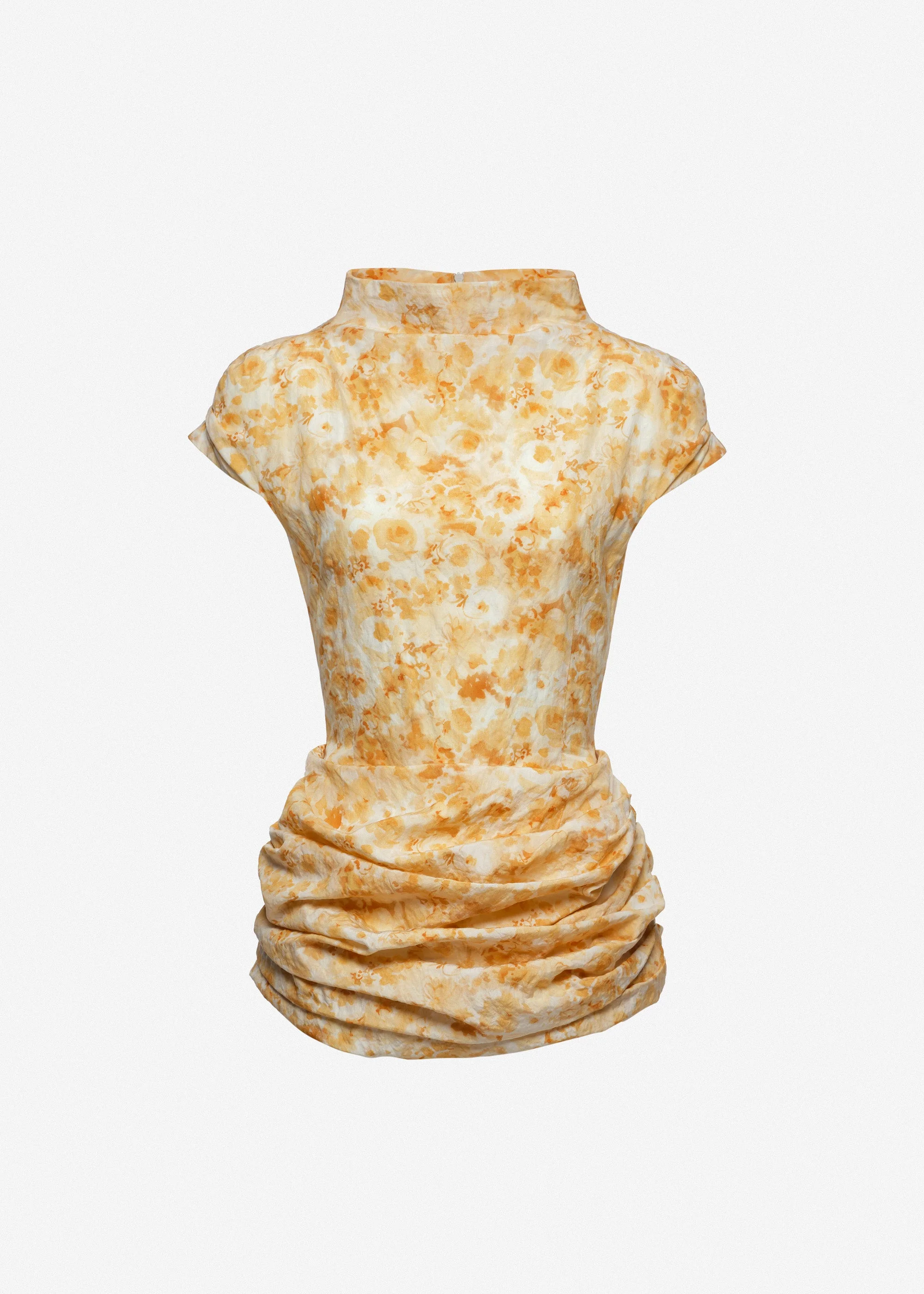 Fitted draped mini dress with stand collar in yellow print - 1