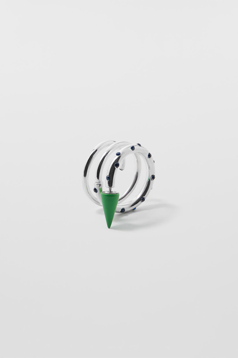 MEDIUM SPIRAL EAR-RING W/ STONES / silver / green & blue 3