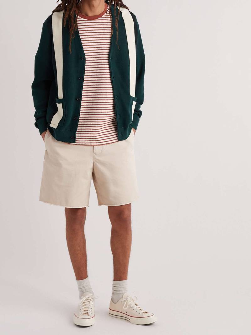 BEAMS PLUS Wide-Leg Distressed Cotton-Gabardine Bermuda Shorts outlook