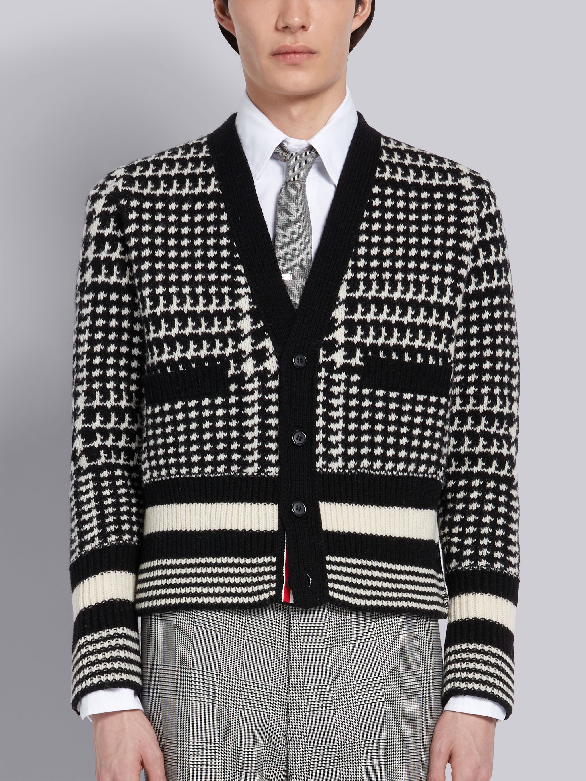 Black and White Prince of Wales Shetland Wool Jacquard V-neck Cardigan - 1