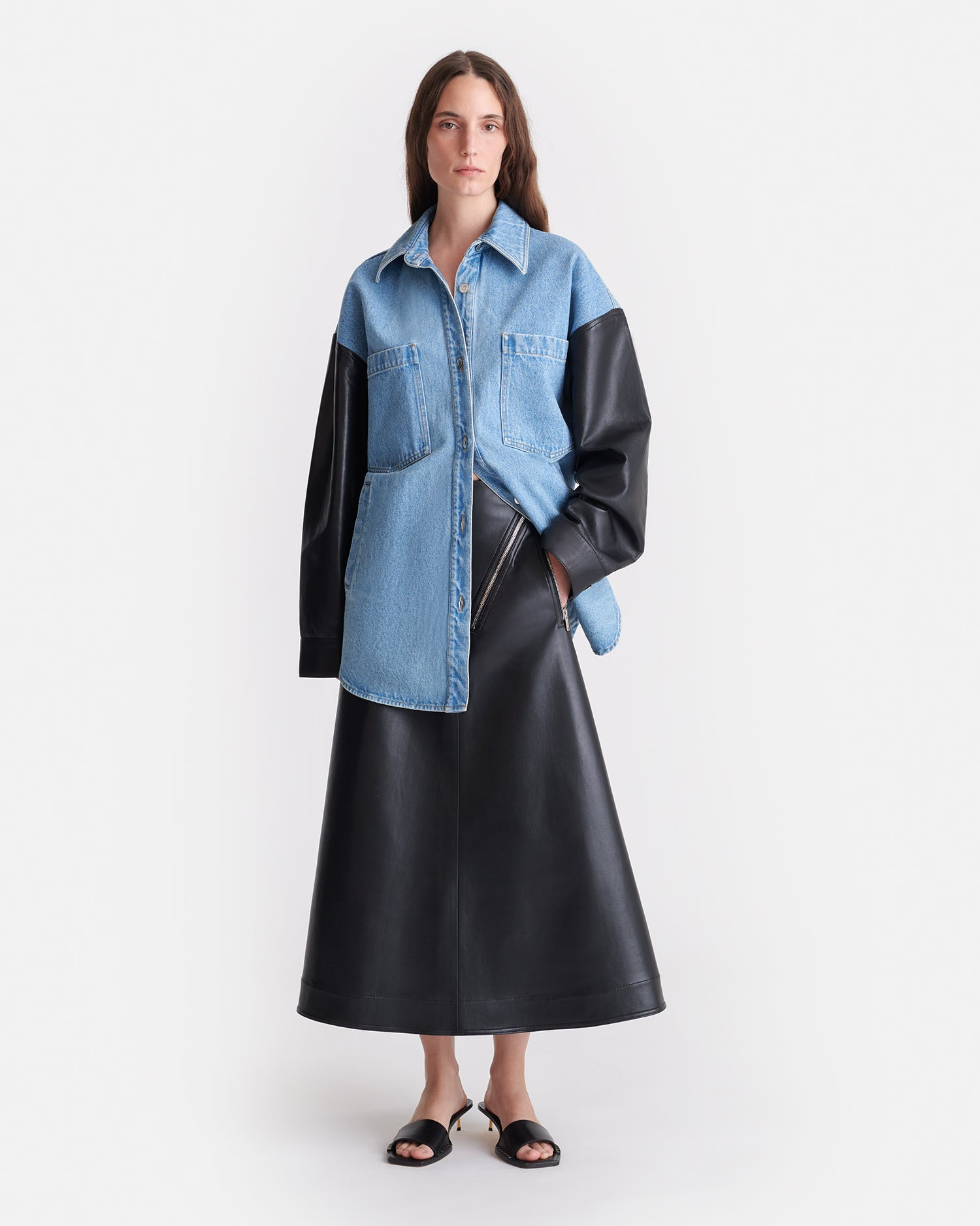 Denim and Regenerated Leather Shirt - 5