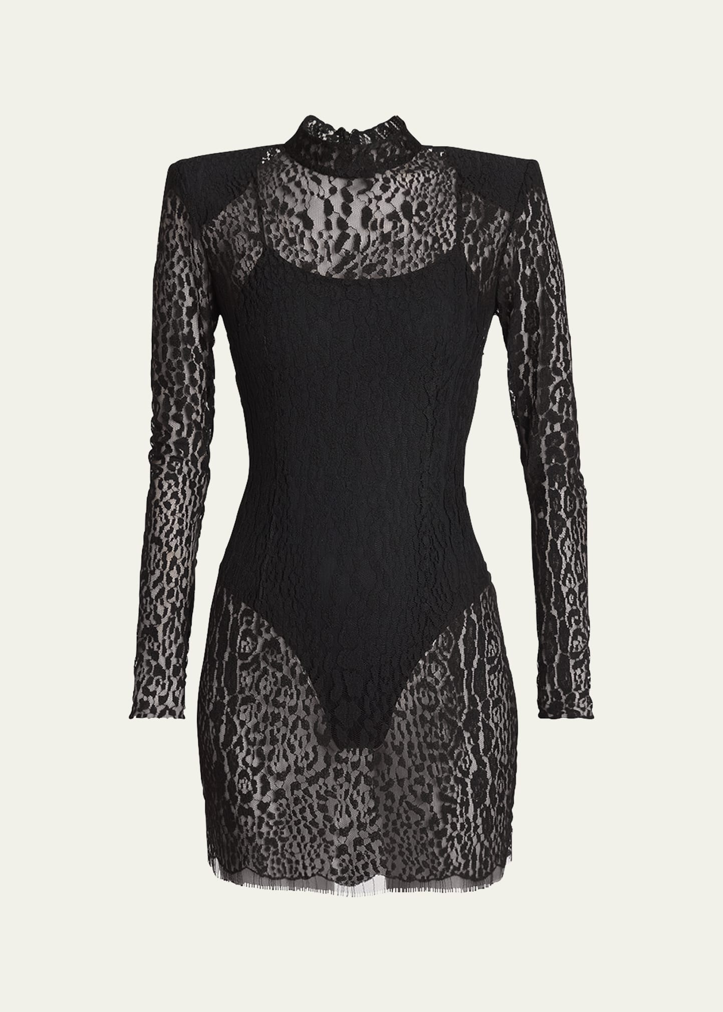 Leopard Lace Strong-Shoulder Mini Dress - 1