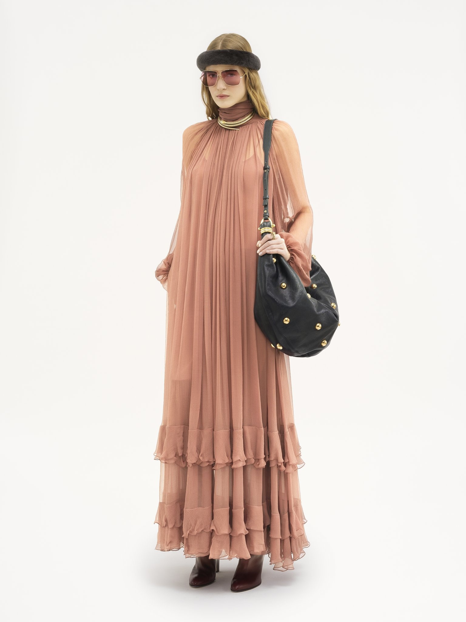 GATHERED LONG DRESS IN SILK MOUSSELINE - 3