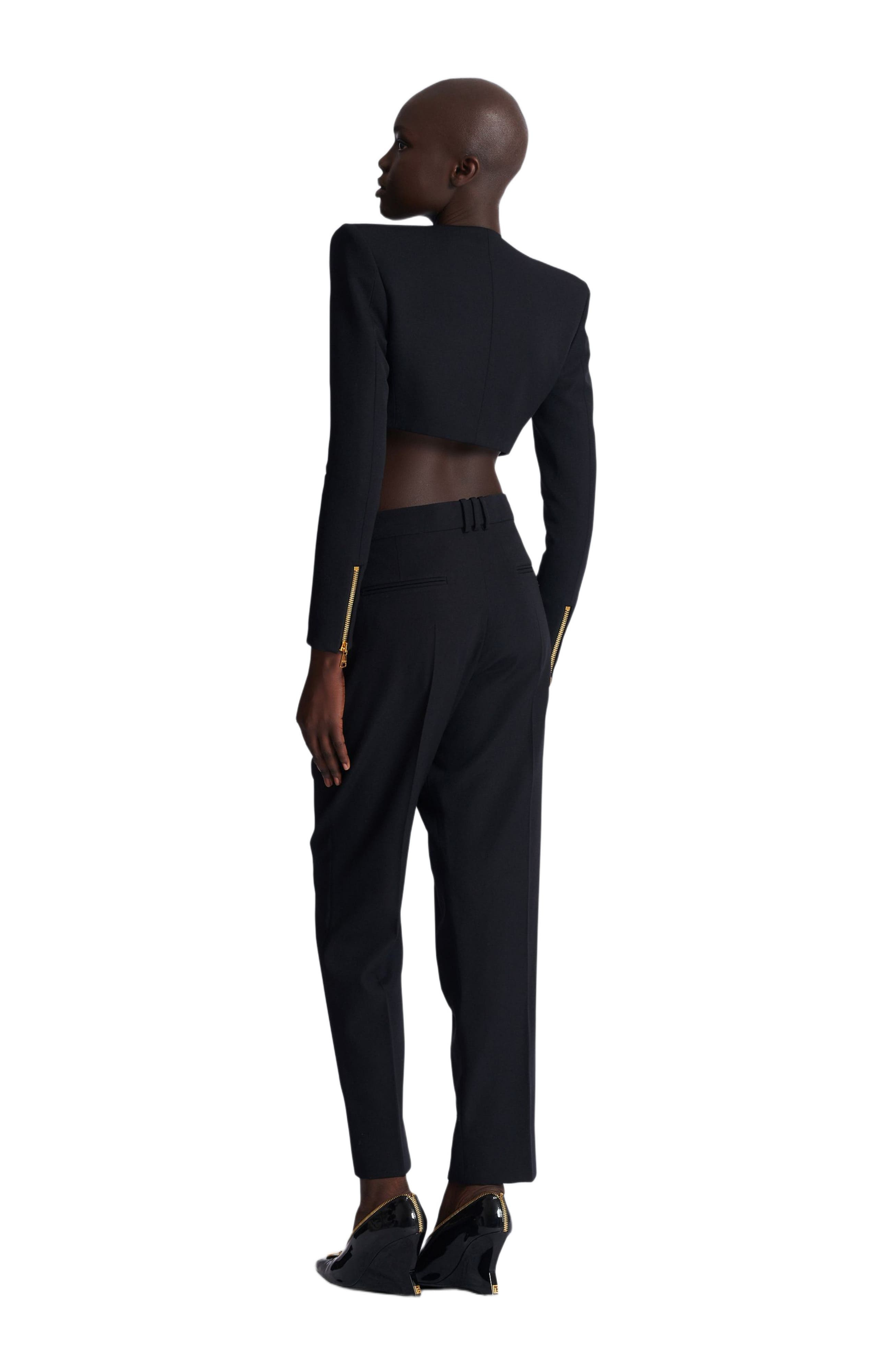 Balmain Cropped Jacket In Grain De Poudre Wool in Black at Nordstrom - 4