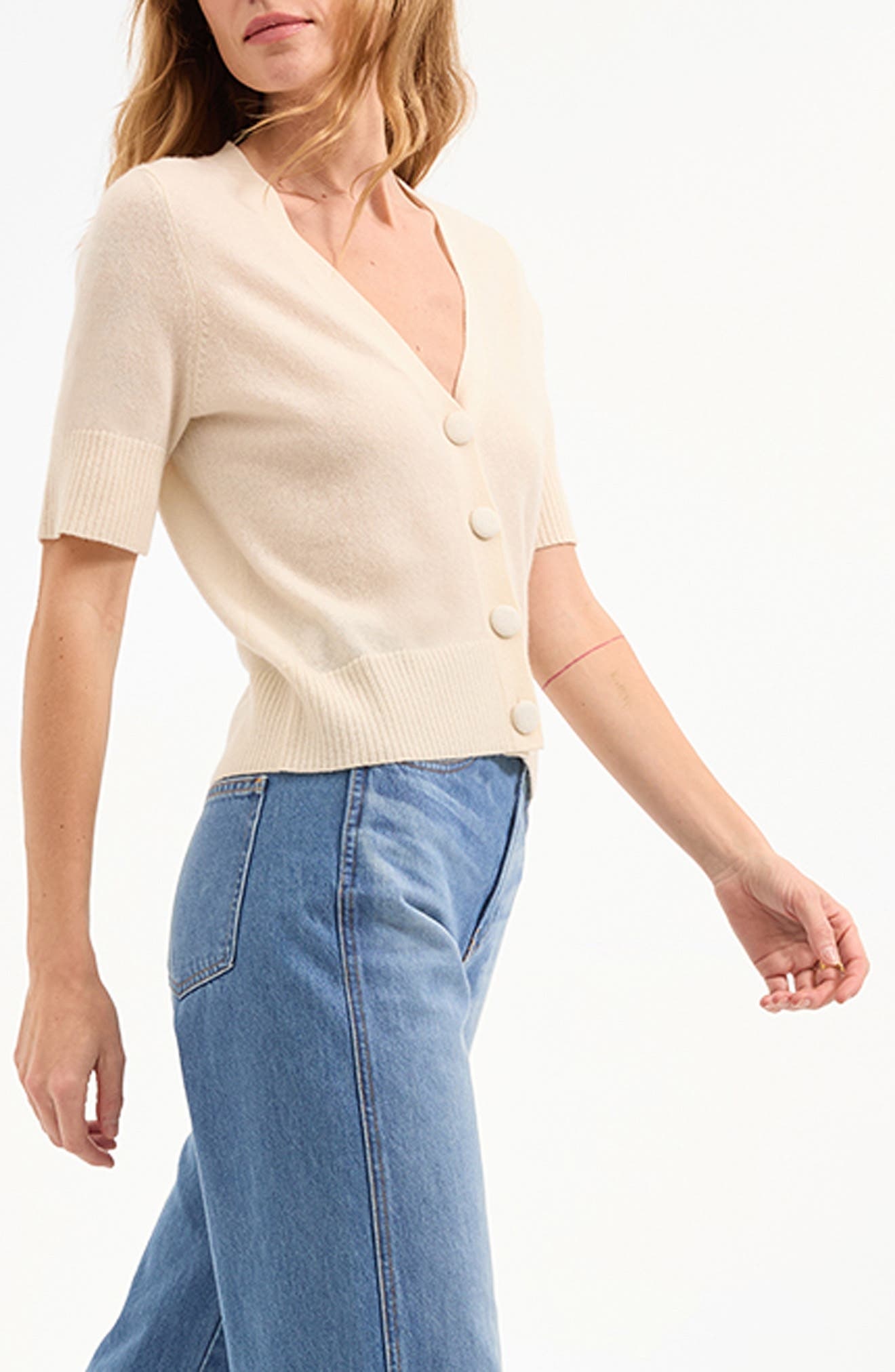 Veronica Beard Solene Short Sleeve Cashmere Cardigan in Ivory at Nordstrom - 1