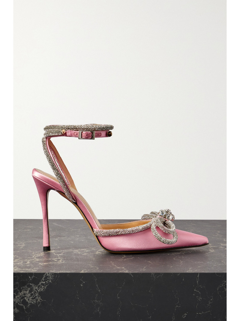 Double Bow Crystal-embellished Silk-satin Point-toe Pumps 1