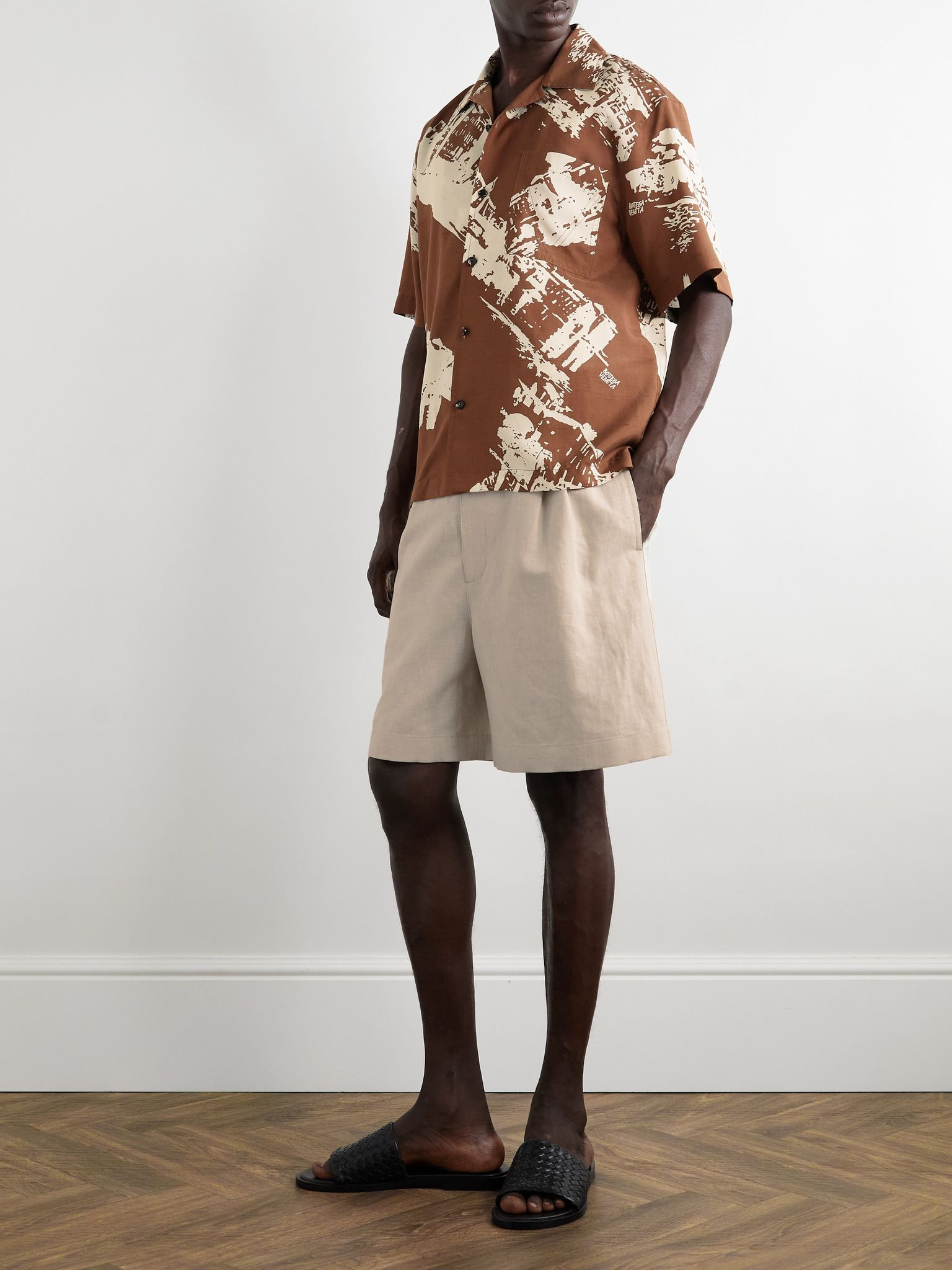Convertible-Collar Printed Silk and Cotton-Blend Shantung Shirt Brown - 2