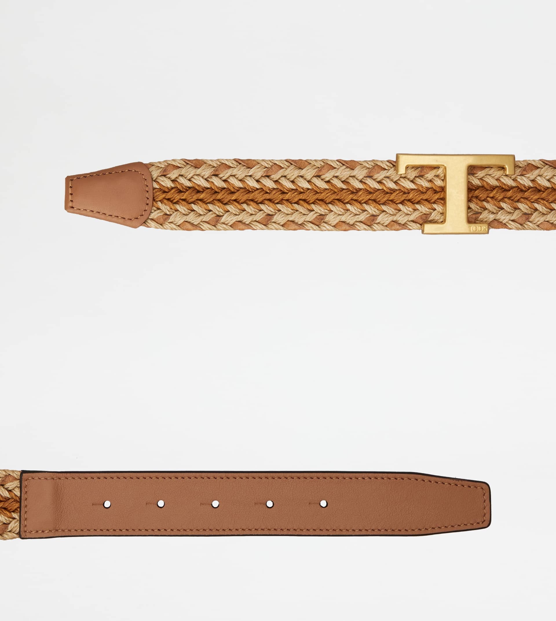 T TIMELESS BELT IN LEATHER AND FABRIC - BROWN, BEIGE - 2